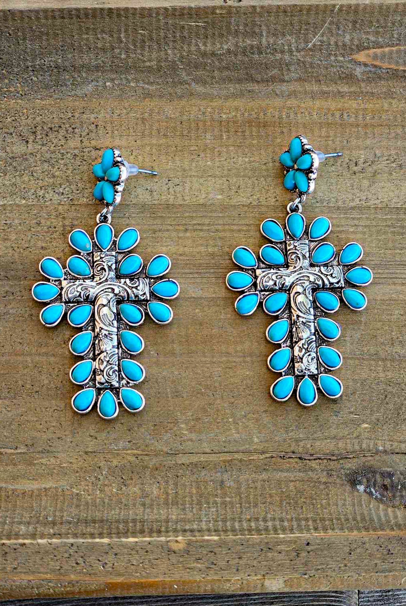 Burnished Silver and Turquoise Color Cross Stone Stud Earring Earrings Blue Tortoise