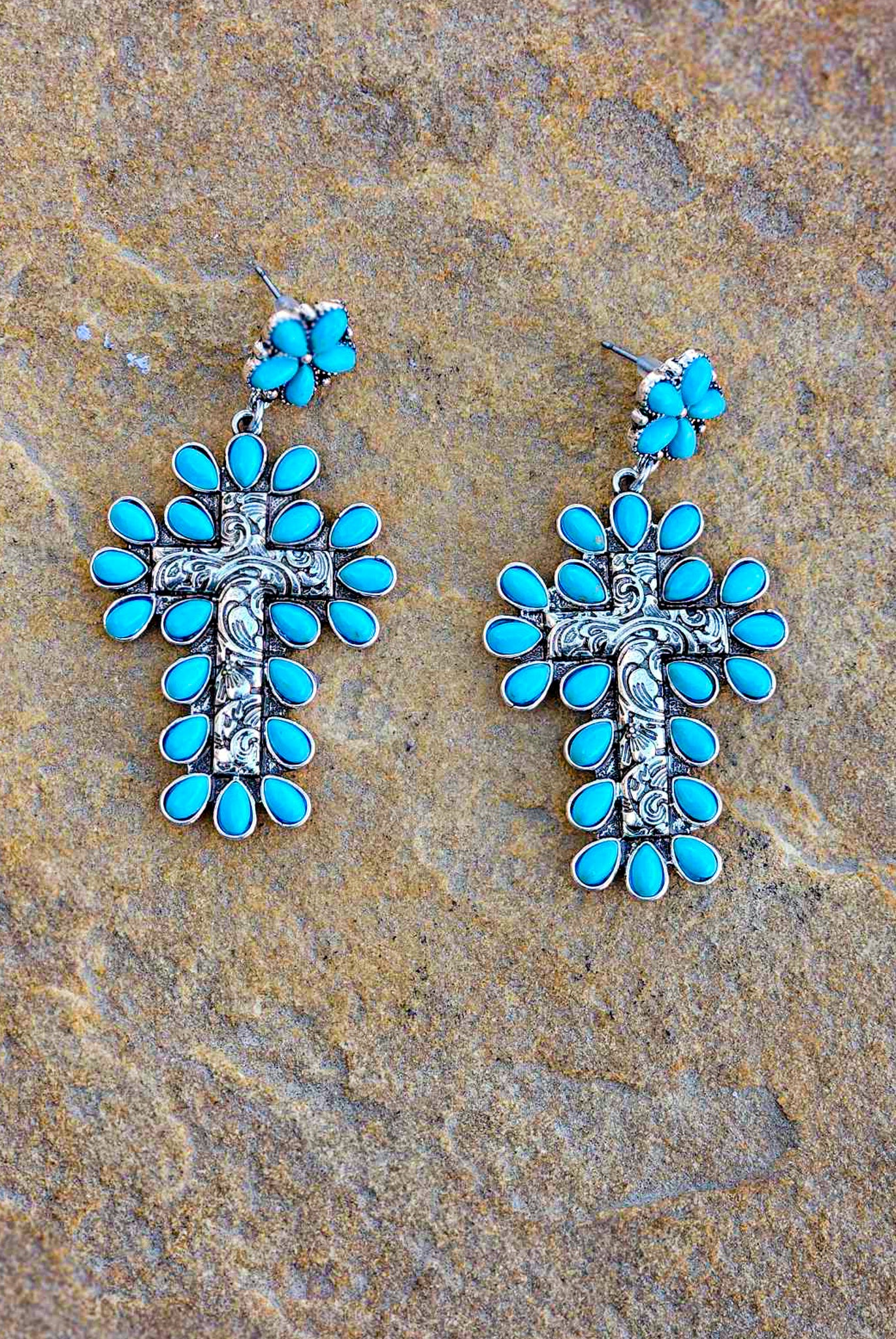 Burnished Silver and Turquoise Color Cross Stone Stud Earring Earrings Blue Tortoise