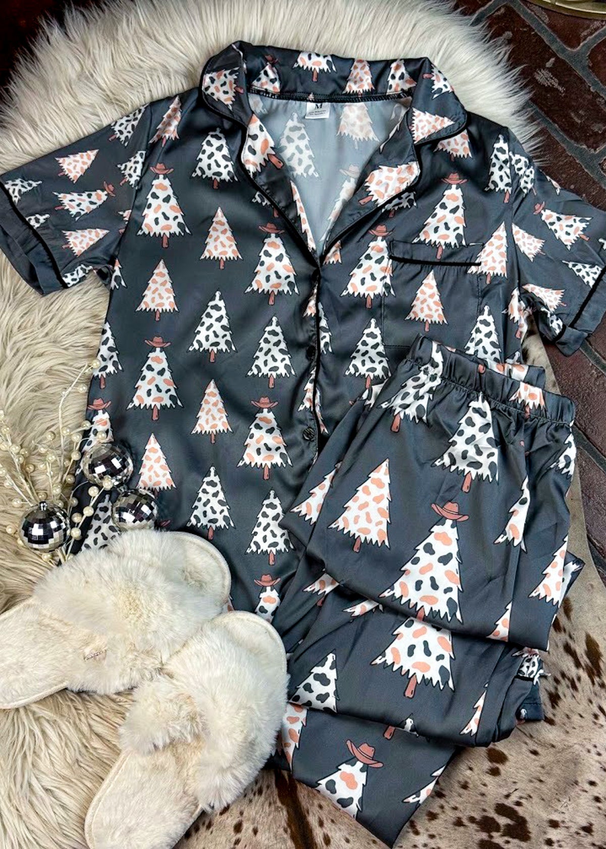 Charcoal Cowprint Christmas Tree Silky Pants Pajamas silky pajamas - pants The Cinchy Cowgirl (YC)