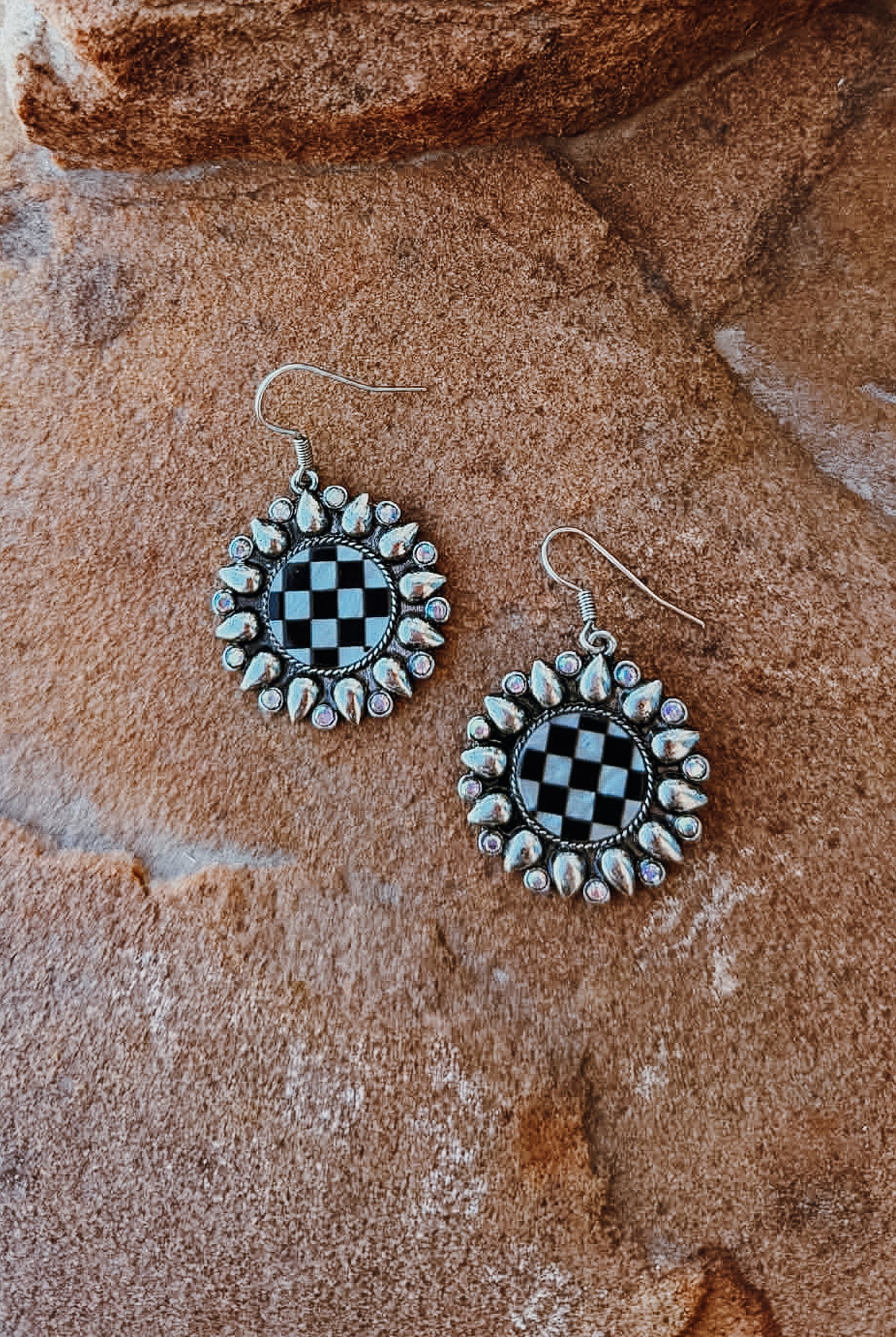 Checkered Flower Dangle Earring Earrings Blue Tortoise
