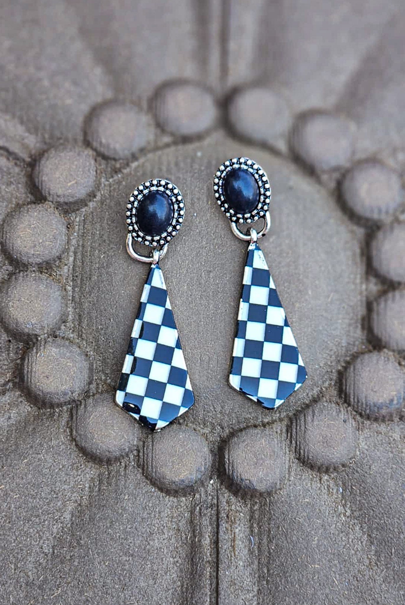 Checkered Pattern Stone Stud Earrings Earrings Blue Tortoise