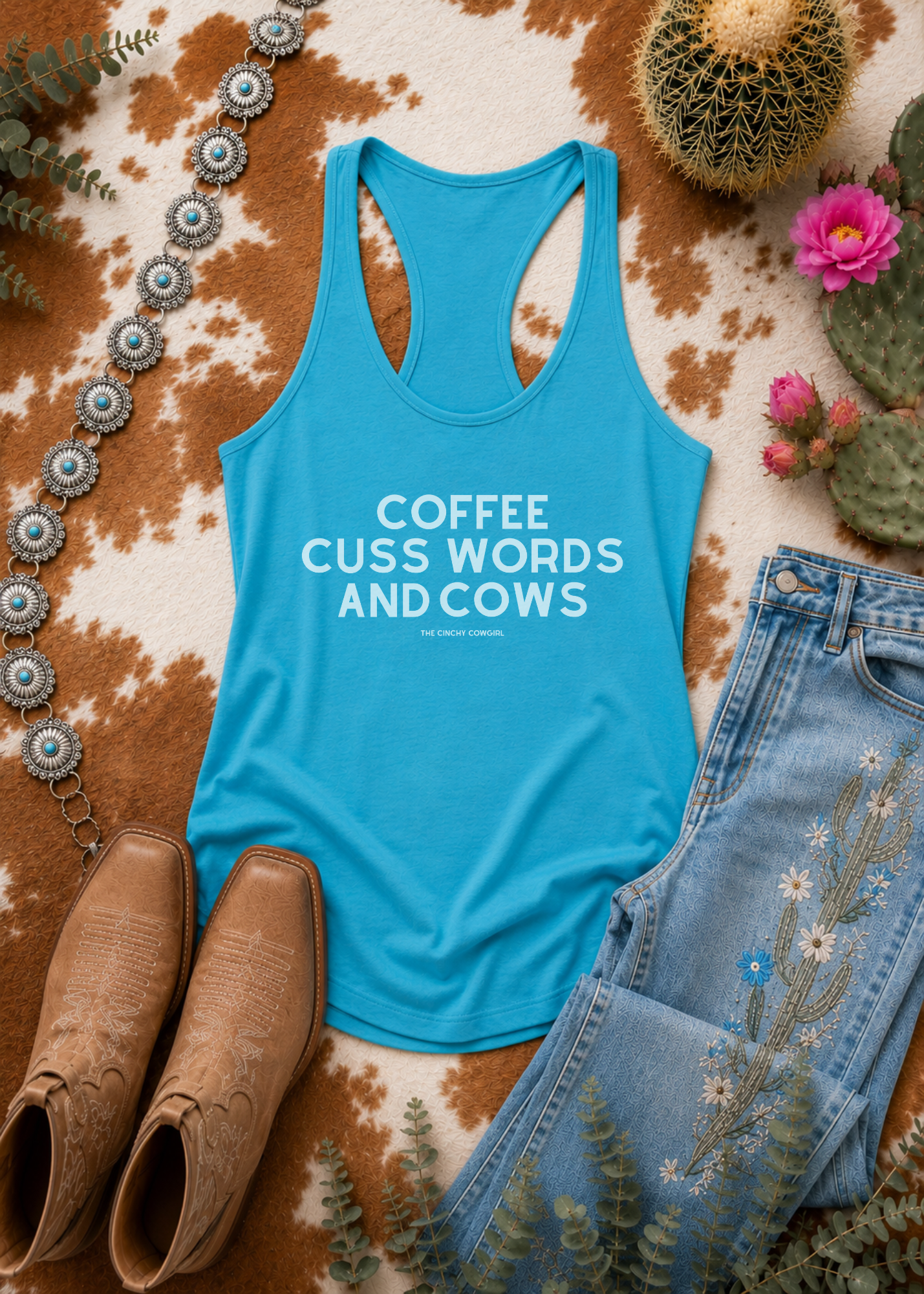 Coffee, Cuss Words And Cows Tank Top Tank Top The Cinchy Cowgirl - Print