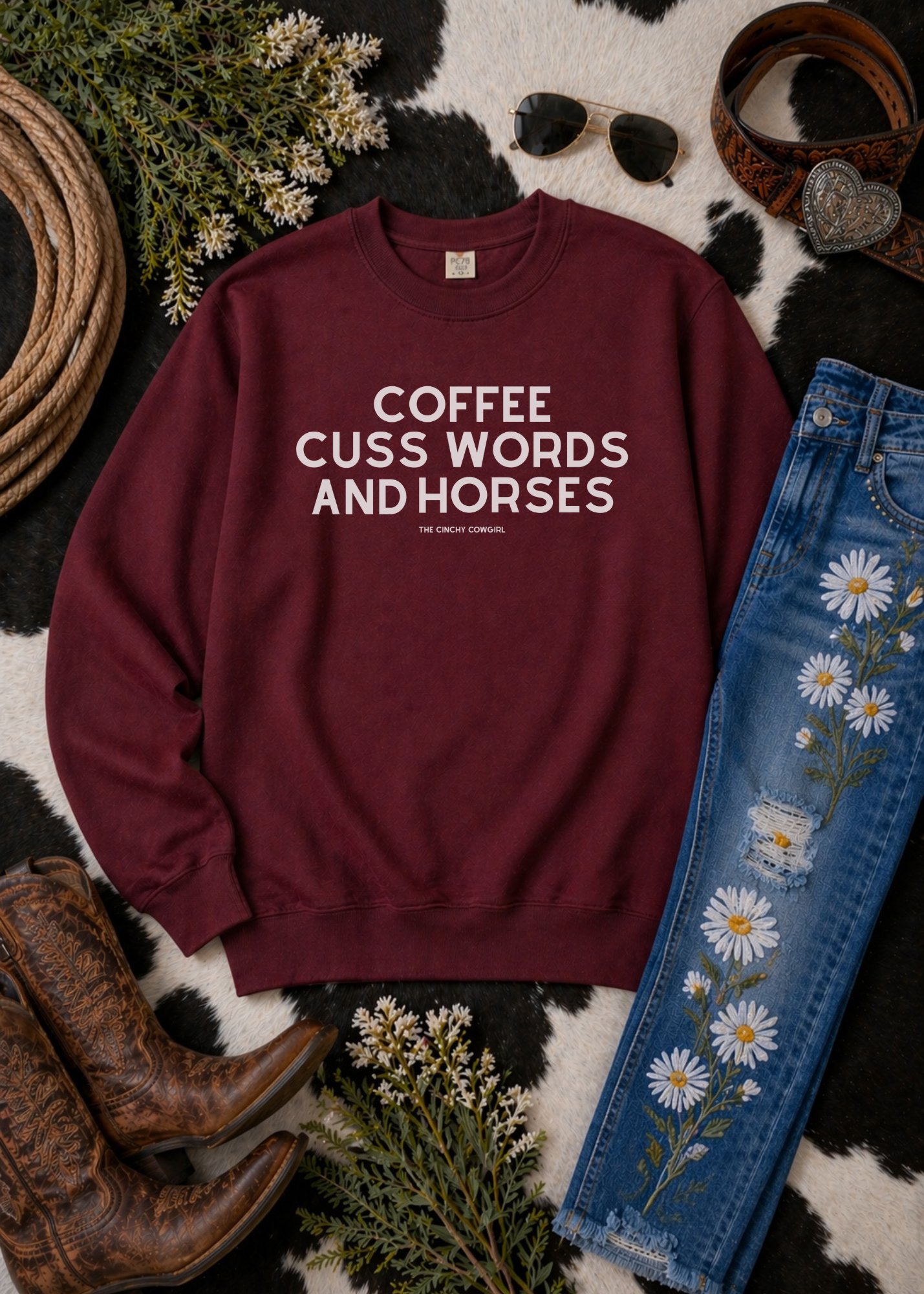 Coffee, Cuss Words And Horses Fleece Pullover Sweatshirt The Cinchy Cowgirl - Print