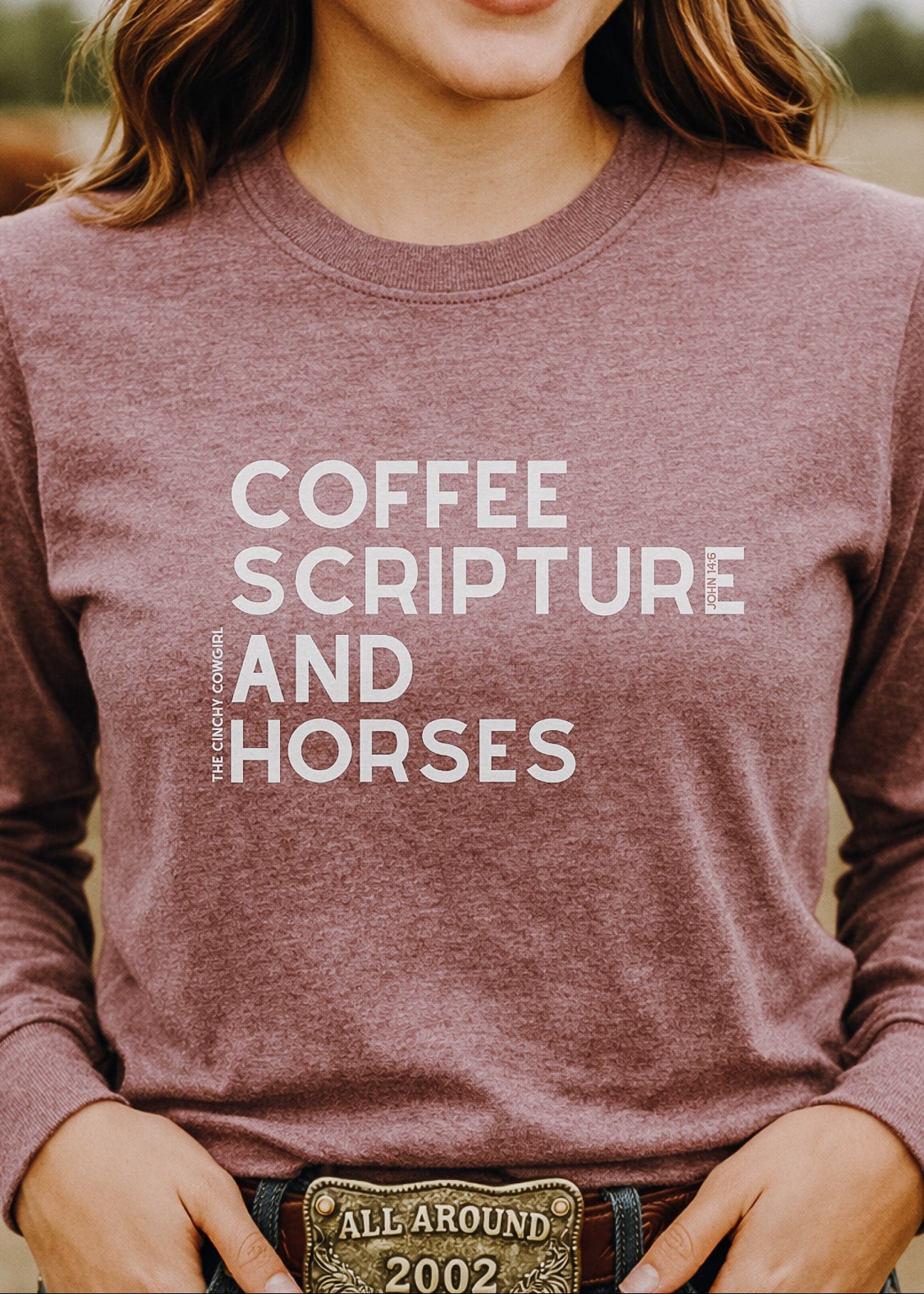Coffee Scripture Horses Long Sleeve Graphic Tee Long Sleeve Graphic Tee The Cinchy Cowgirl