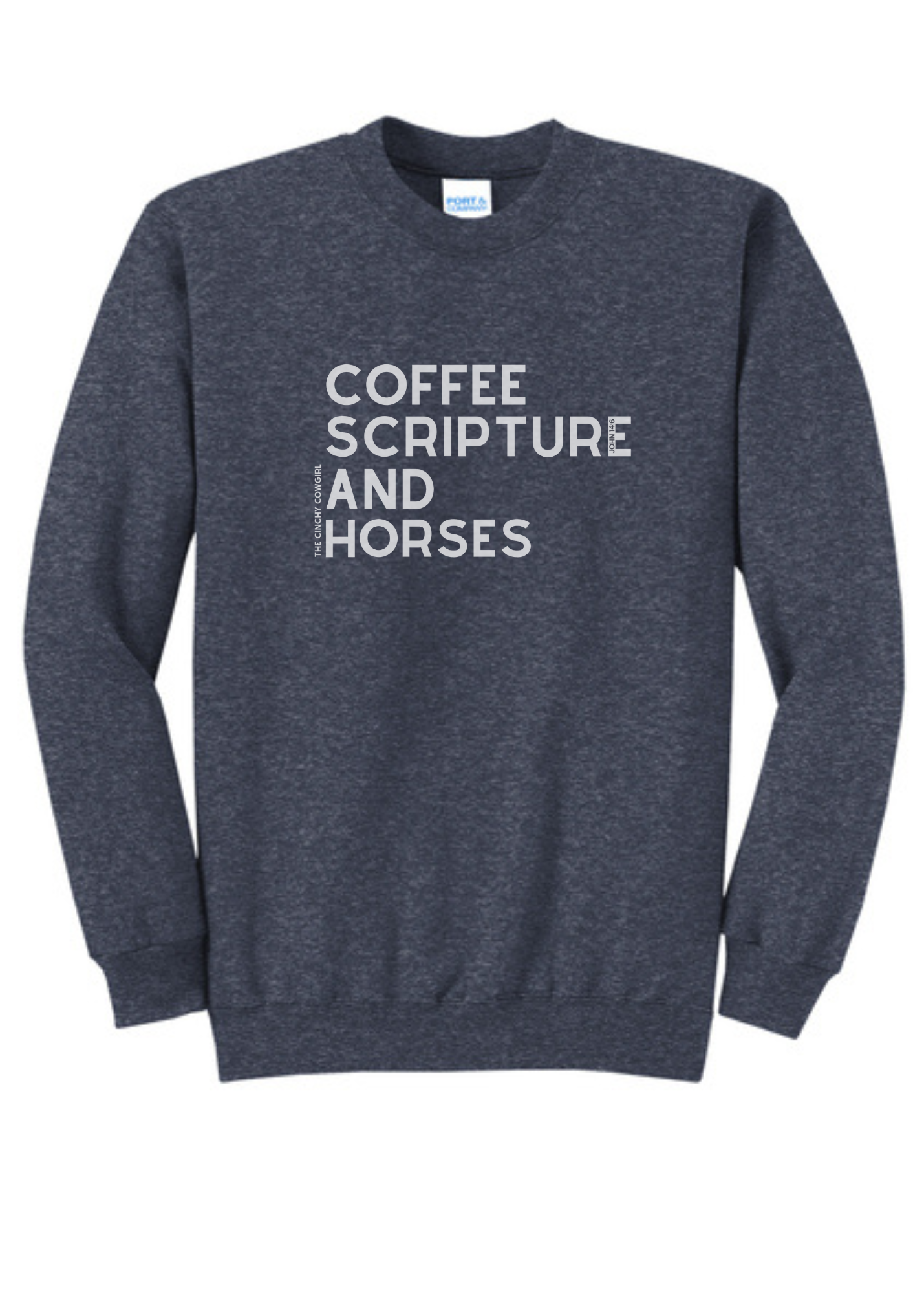 Coffee Scripture Horses Pullover Graphic Pullover The Cinchy Cowgirl Small Heather Navy