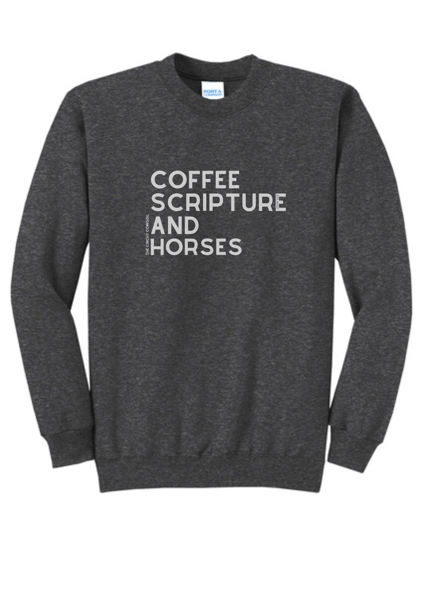 Coffee Scripture Horses Pullover Graphic Pullover The Cinchy Cowgirl Small Dark Heather Gray