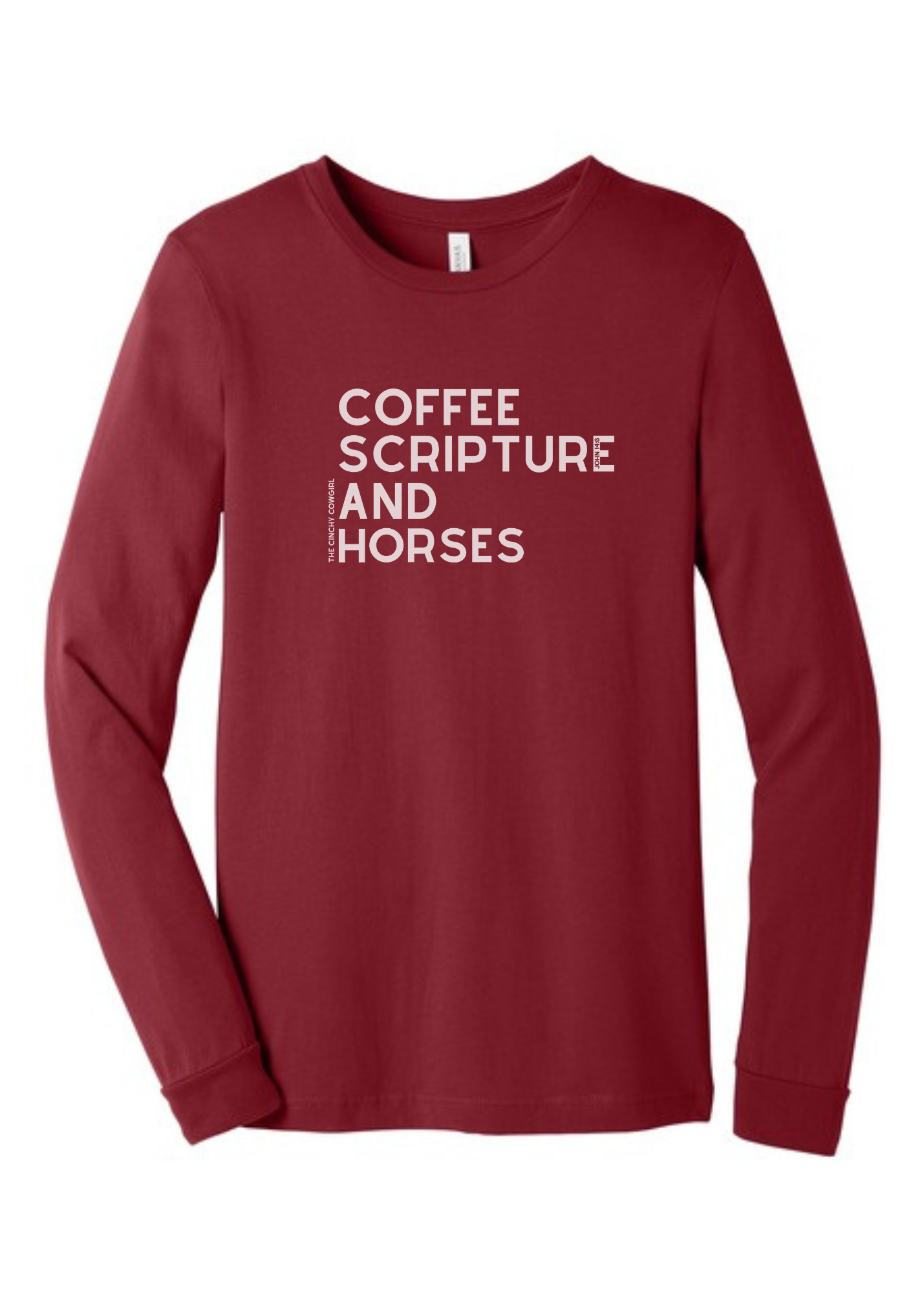 Coffee Scripture Horses Long Sleeve Graphic Tee Long Sleeve Graphic Tee The Cinchy Cowgirl Cardinal Red Small