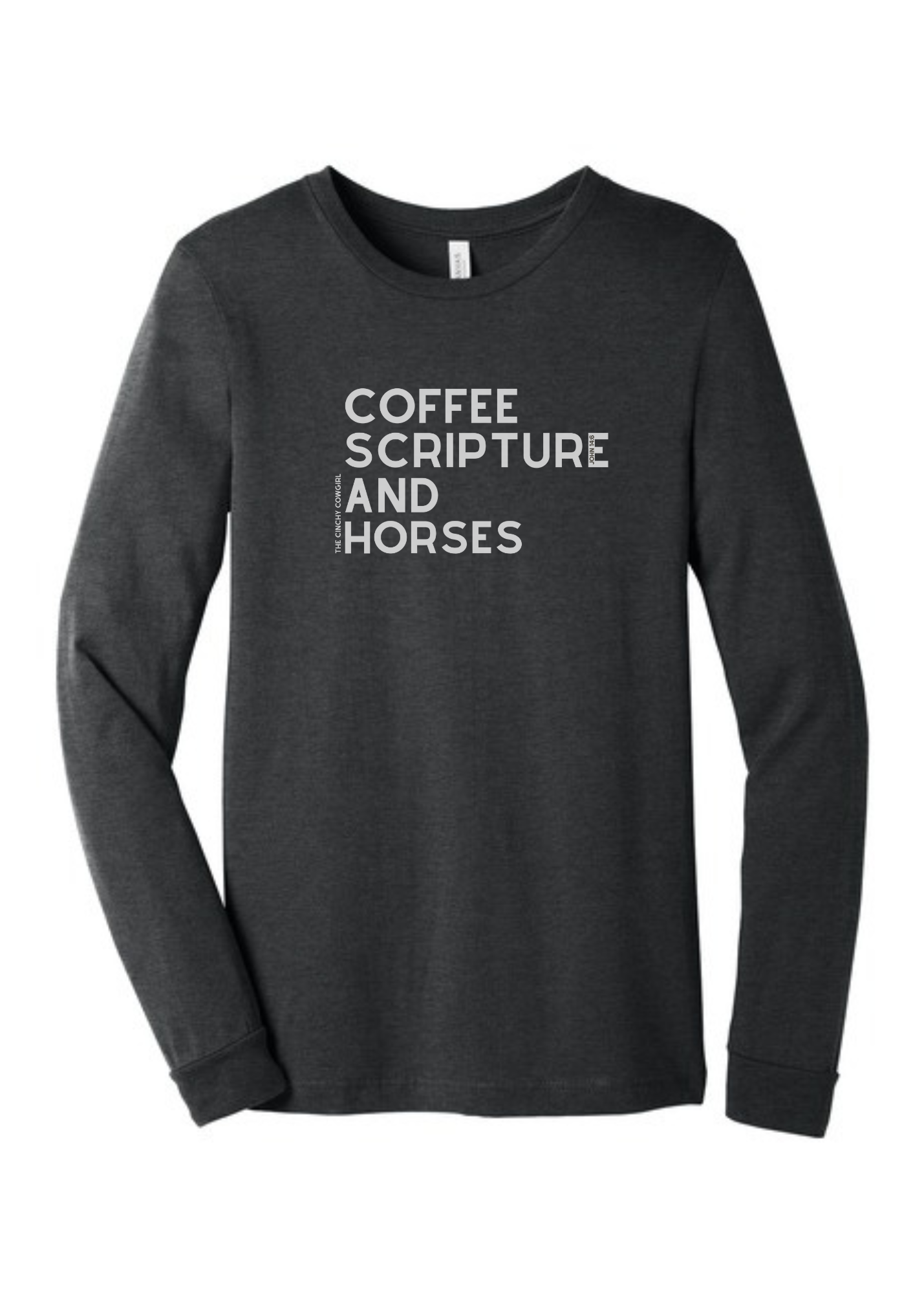 Coffee Scripture Horses Long Sleeve Graphic Tee Long Sleeve Graphic Tee The Cinchy Cowgirl Dark Heather Gray Small