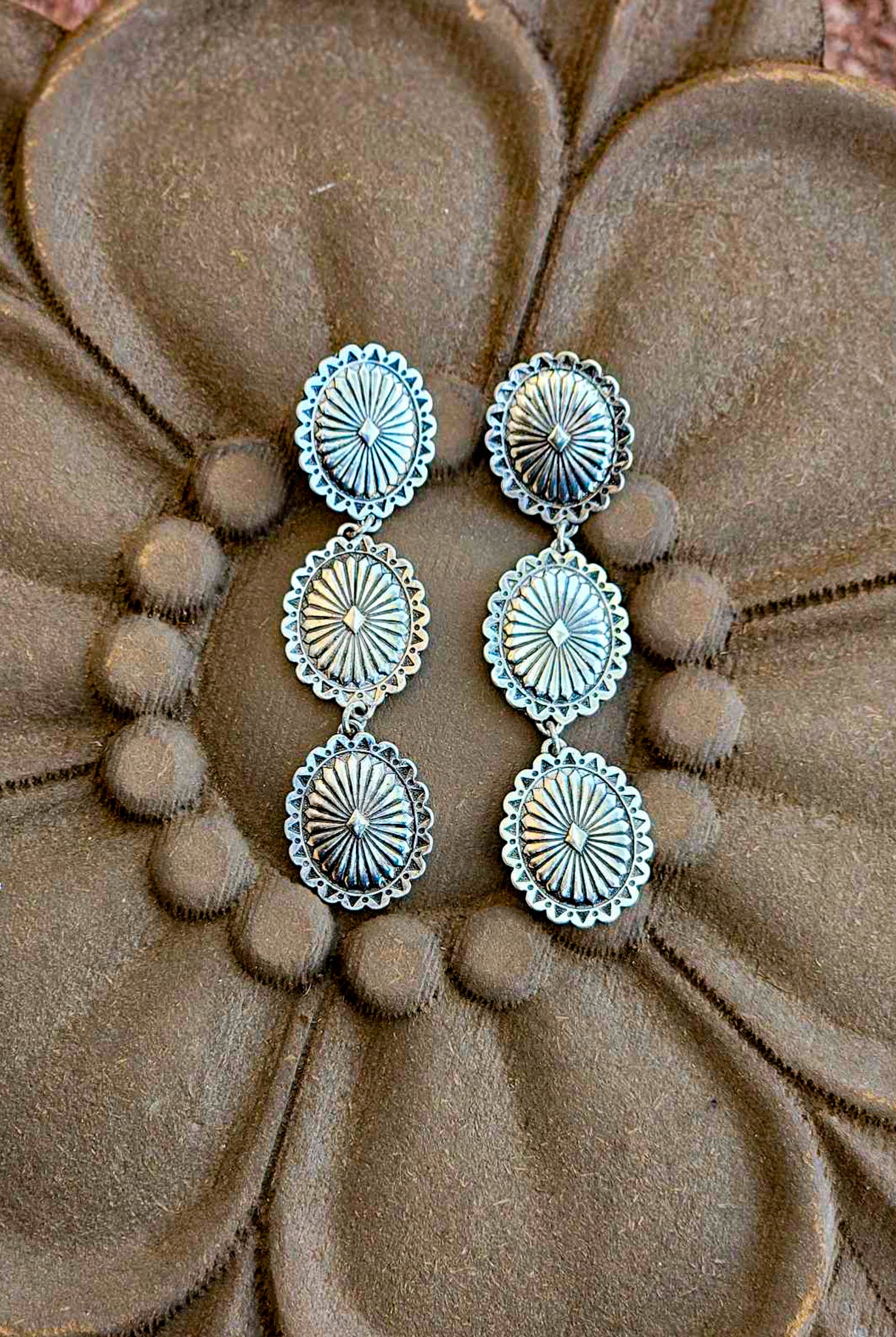 Concho Trio Drop Stud Earrings Earrings Blue Tortoise