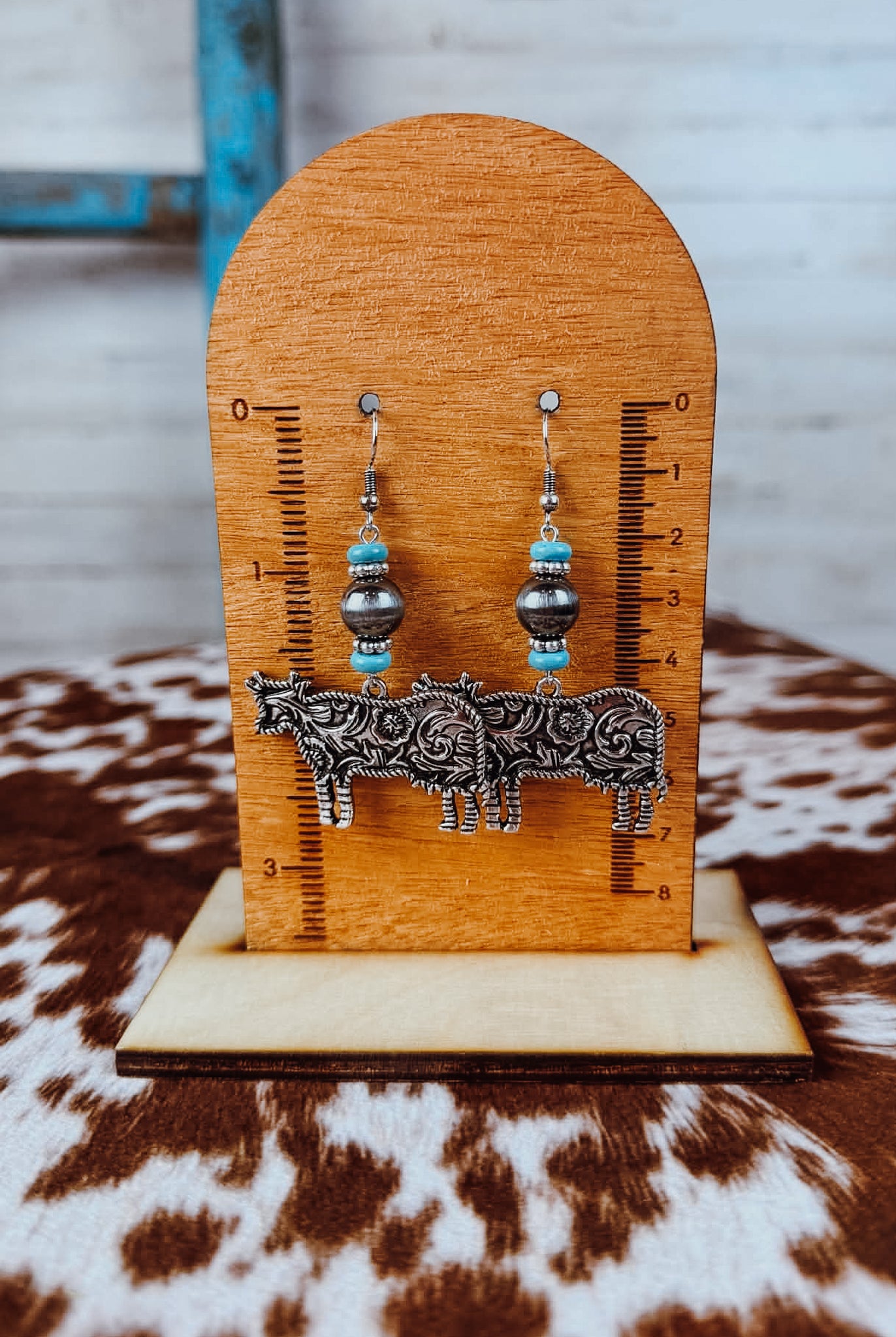 Western Cow Dangle Earring Earrings Blue Tortoise