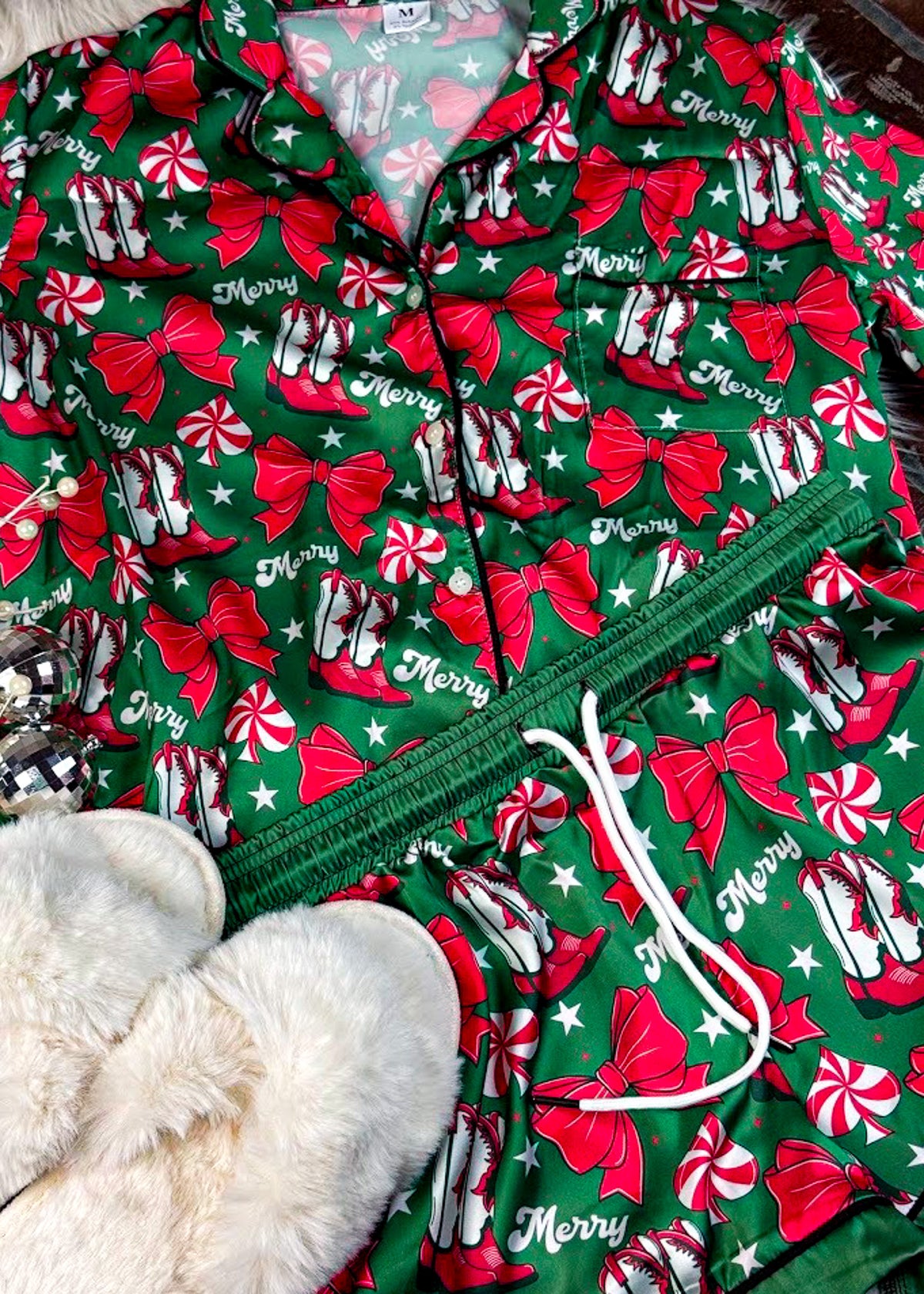 Cowboy Boots & Peppermint Spades Christmas Silky Shorts Pajamas silky pajamas - shorts The Cinchy Cowgirl (YC)