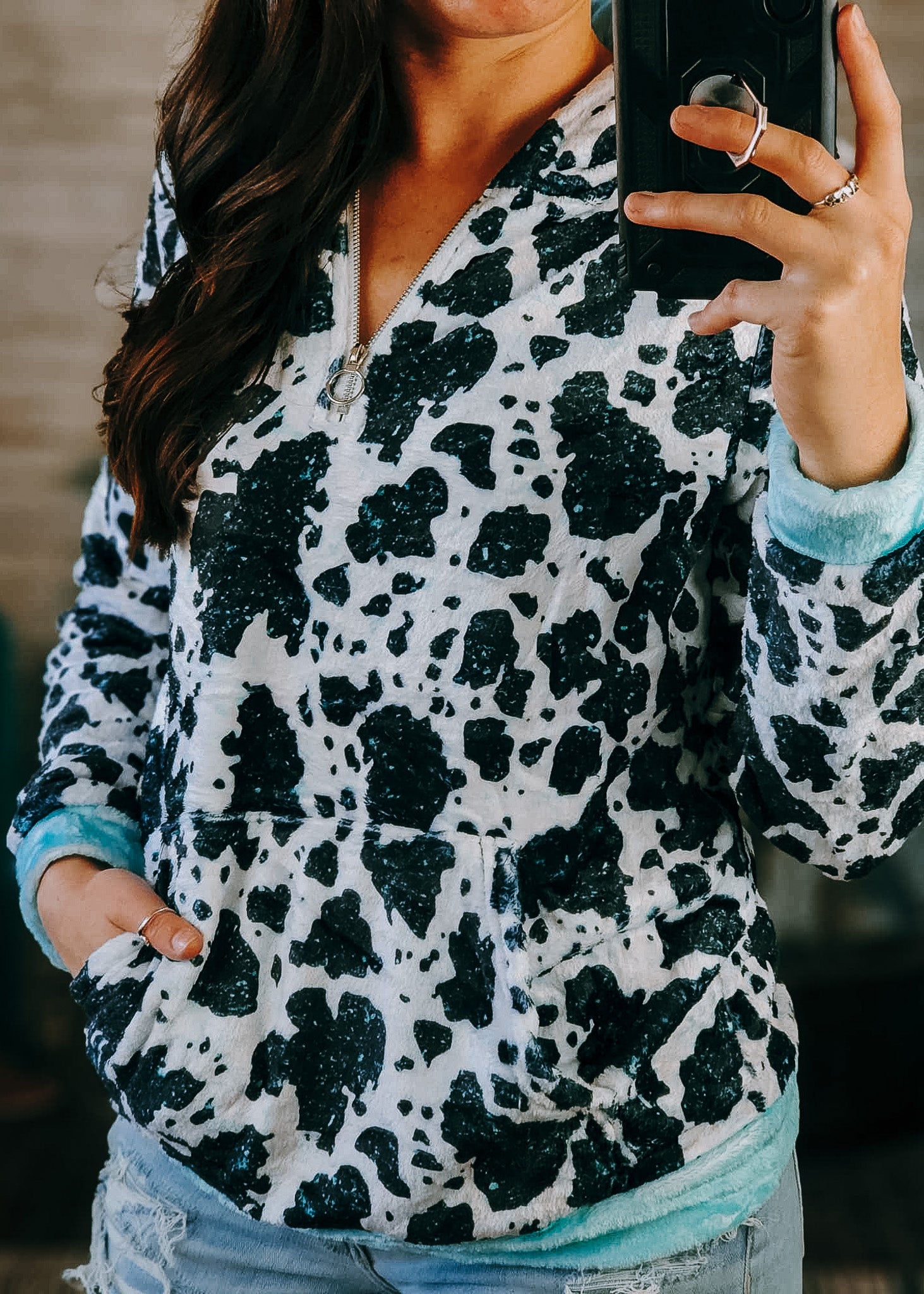 Cowprint & Turquoise Fleece Zip Hoodie fleece hoodie The Cinchy Cowgirl (YC) S