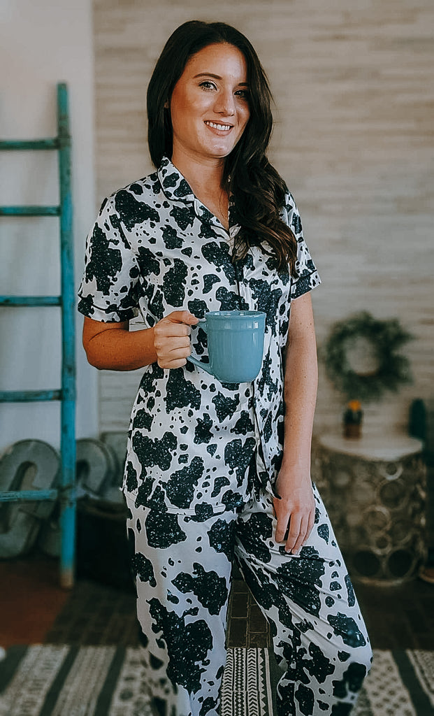 Cowprint & Turquoise Silky Pajamas pajamas The Cinchy Cowgirl (YC)   