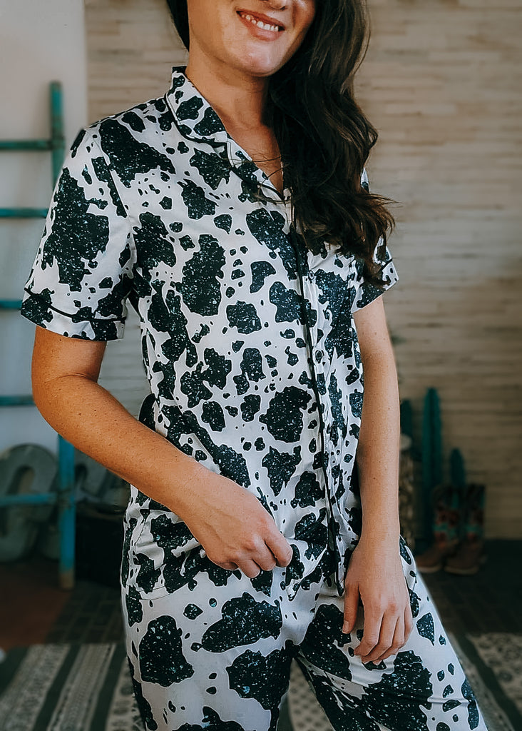 Cowprint & Turquoise Silky Pajamas pajamas The Cinchy Cowgirl (YC) S  