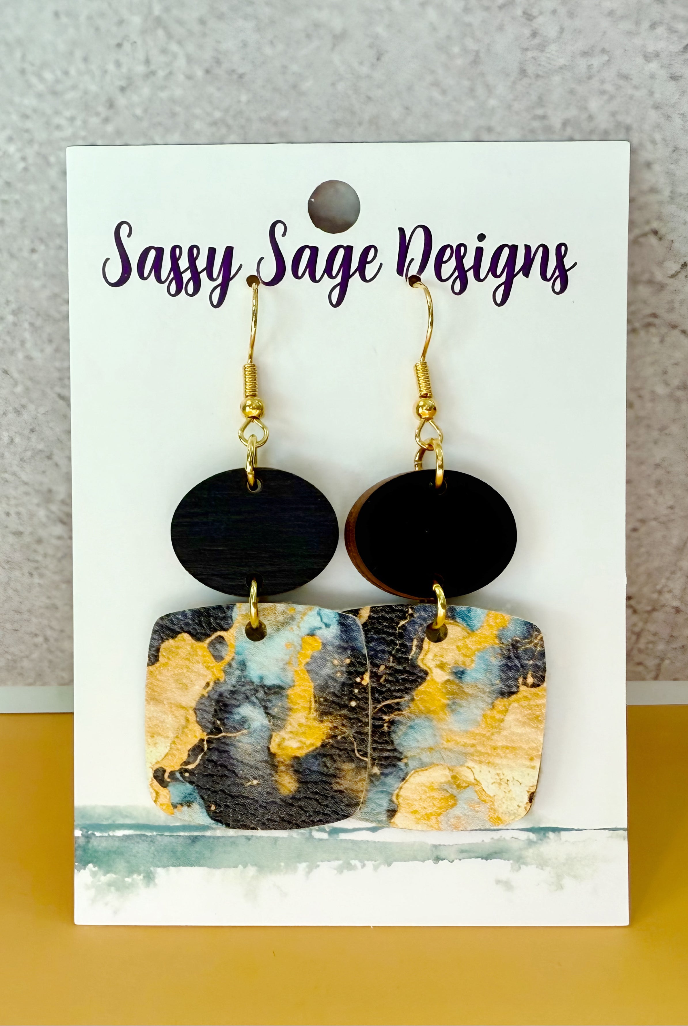 Black and Gold Square Abstract Faux Leather Earrings Earrings Sassy Sage