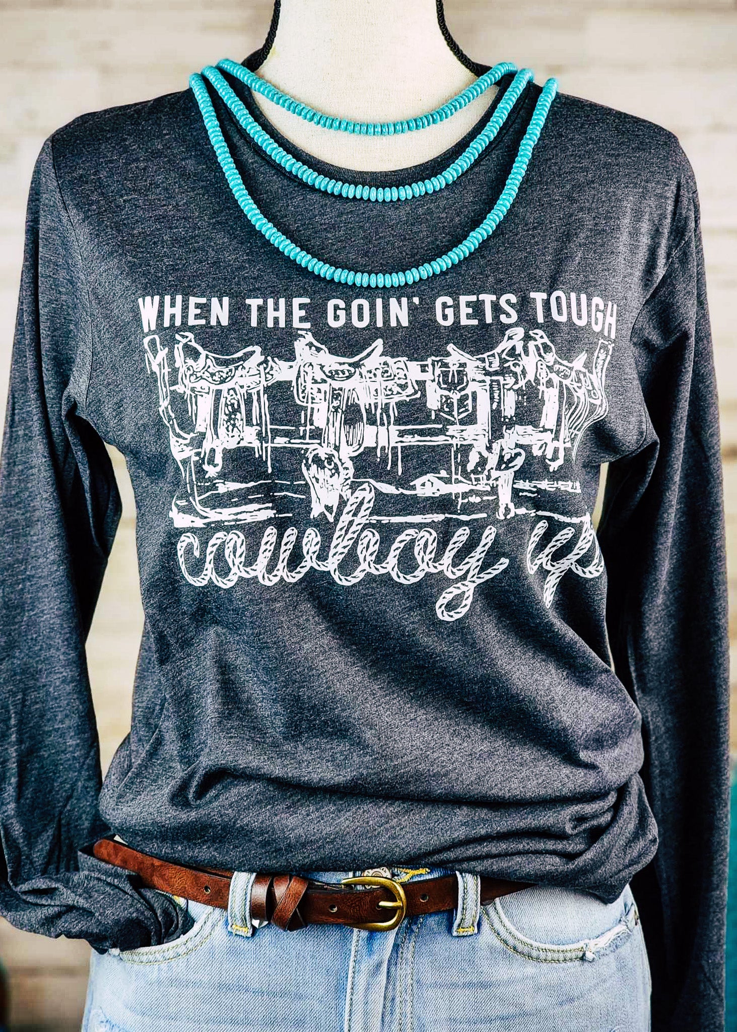 Dark Gray Cowboy Up Long Sleeve Graphic Tee graphic tee long sleeve The Cinchy Cowgirl Small