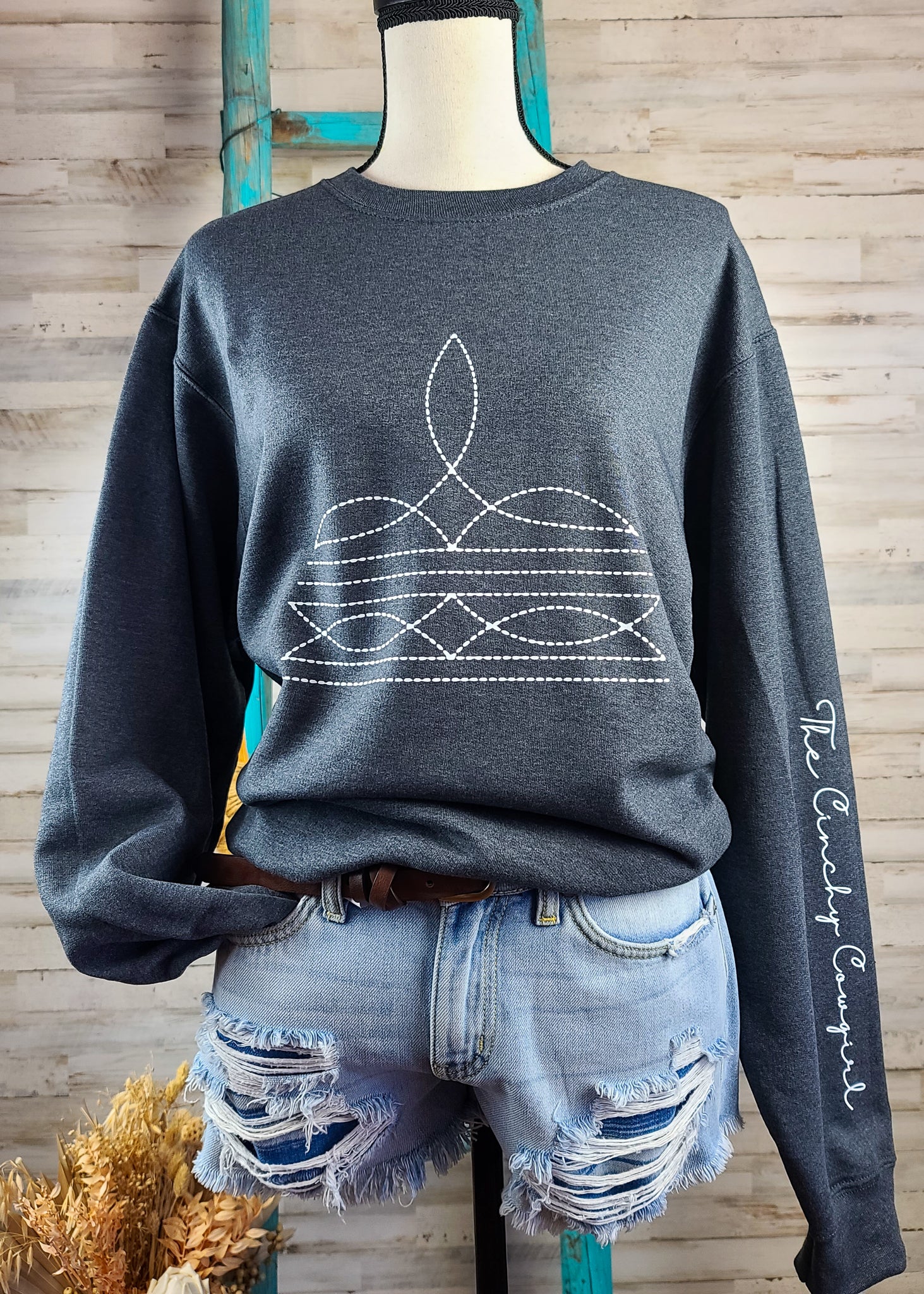 Dark Grey Boot Stitch Pullover Sweatshirt Pullover The Cinchy Cowgirl