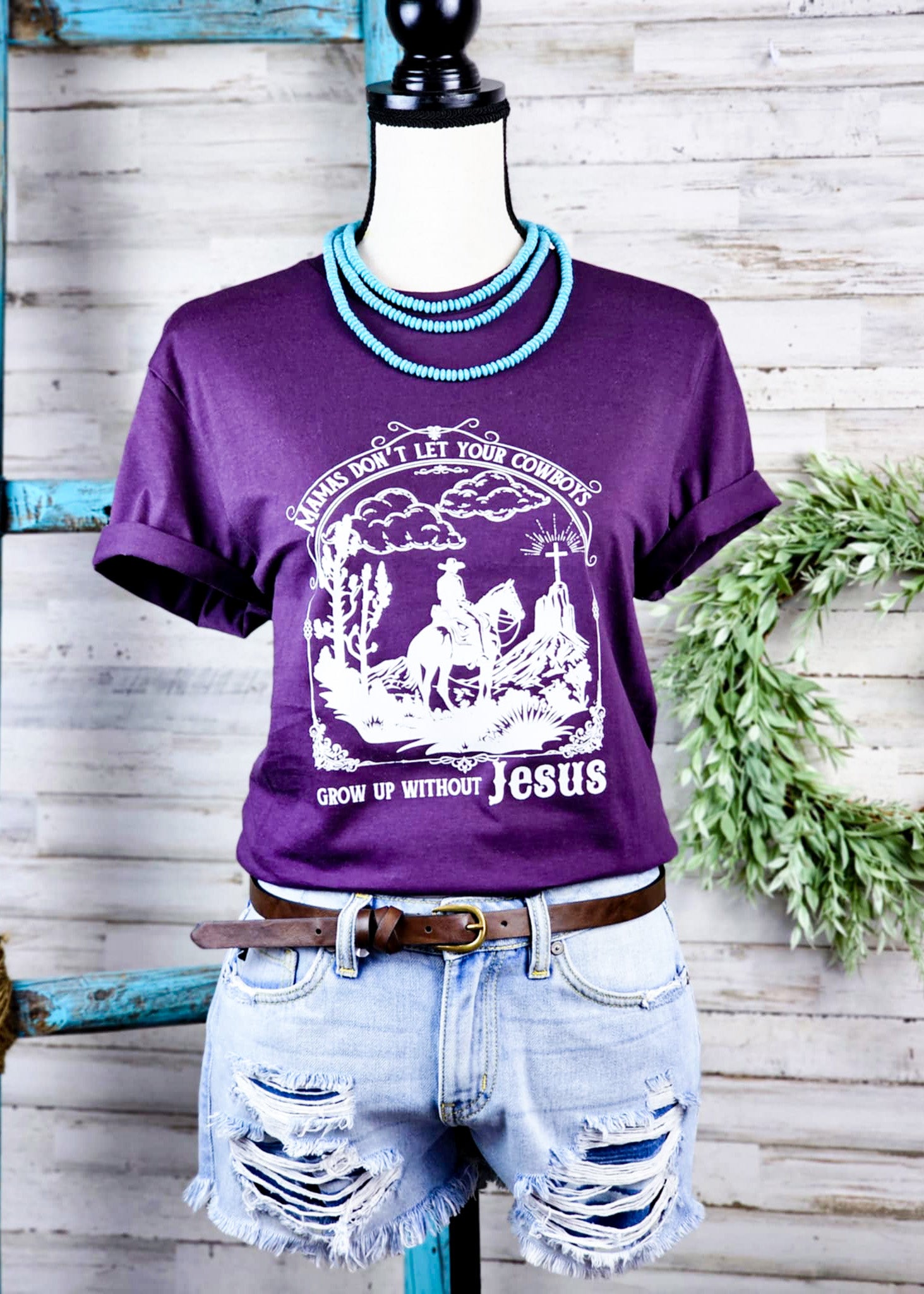 Eggplant Mama Don't Let Your Cowboys Grow up Without Jesus Graphic Tee tcc graphic tee The Cinchy Cowgirl