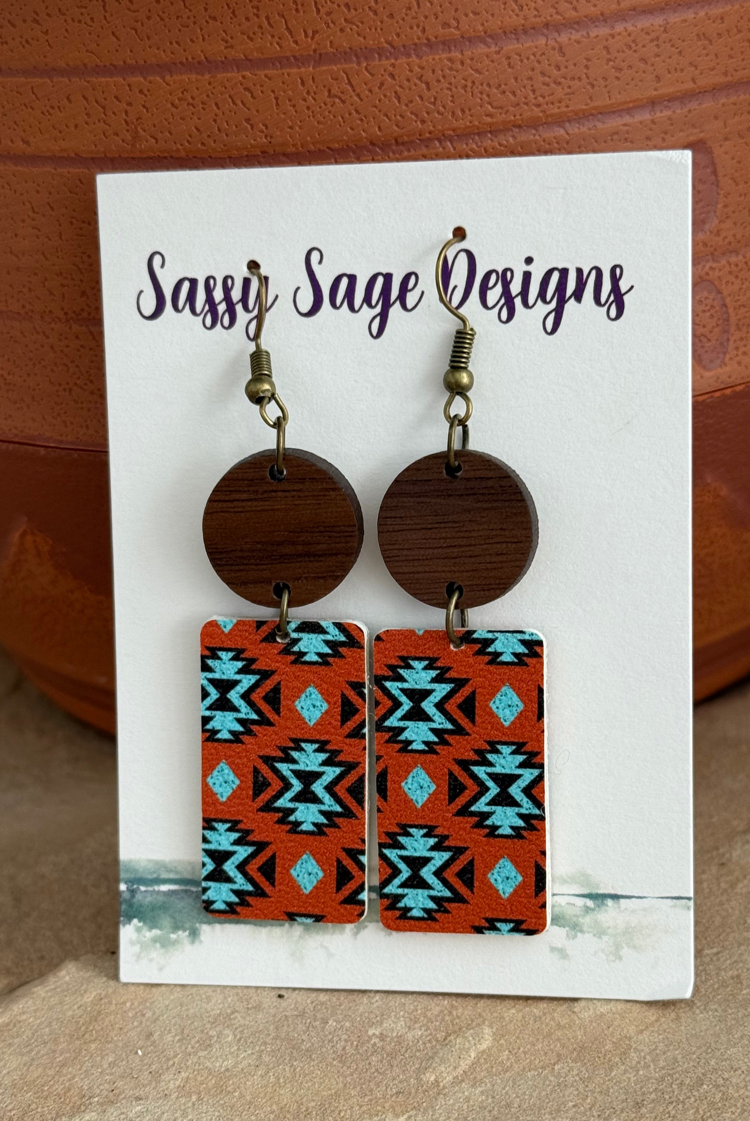 Rust and Turquoise Aztec Faux Leather Earrings Earrings Sassy Sage