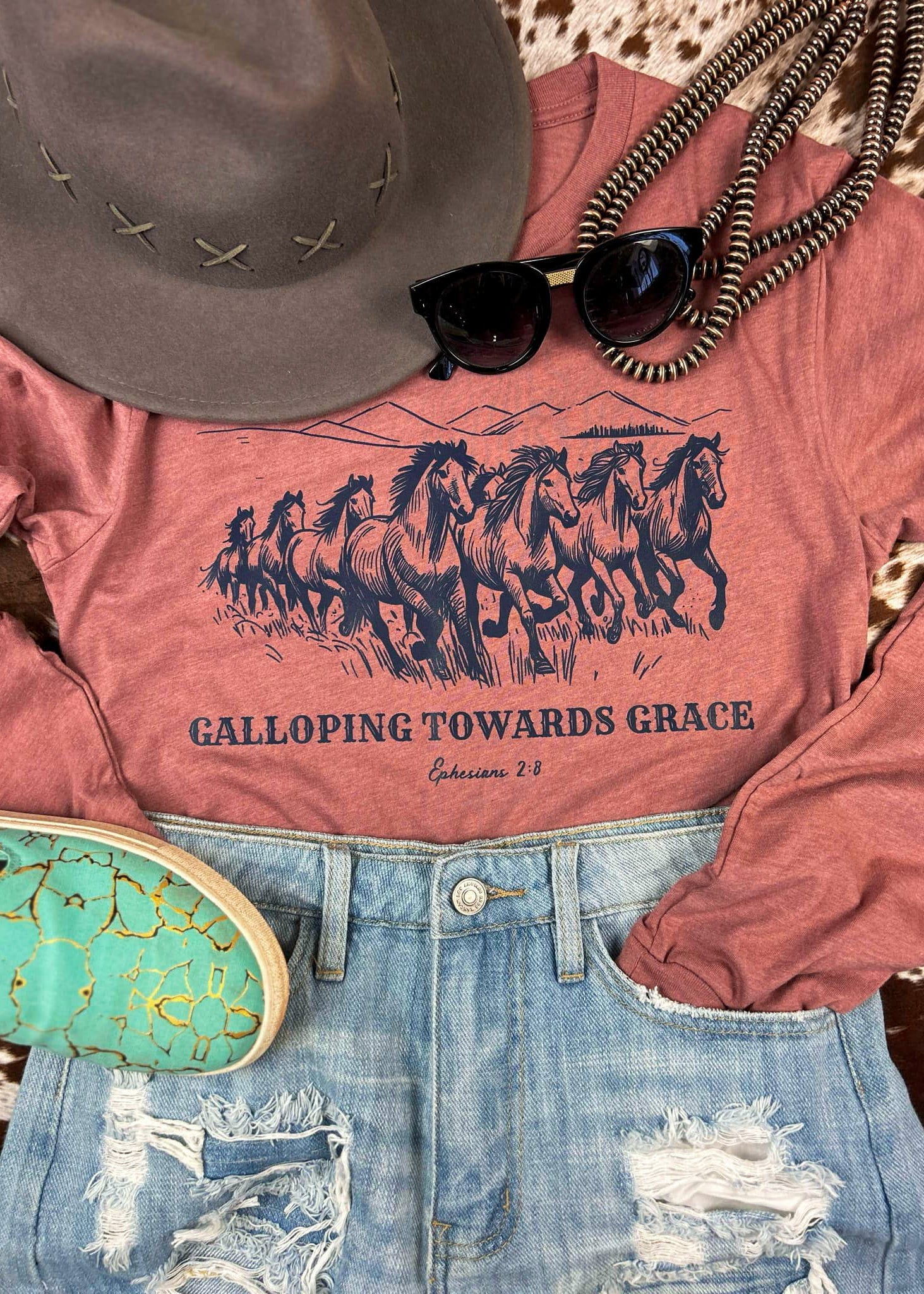 Heather Mauve Galloping Towards Grace Long Sleeve Graphic Tee tcc graphic tee The Cinchy Cowgirl