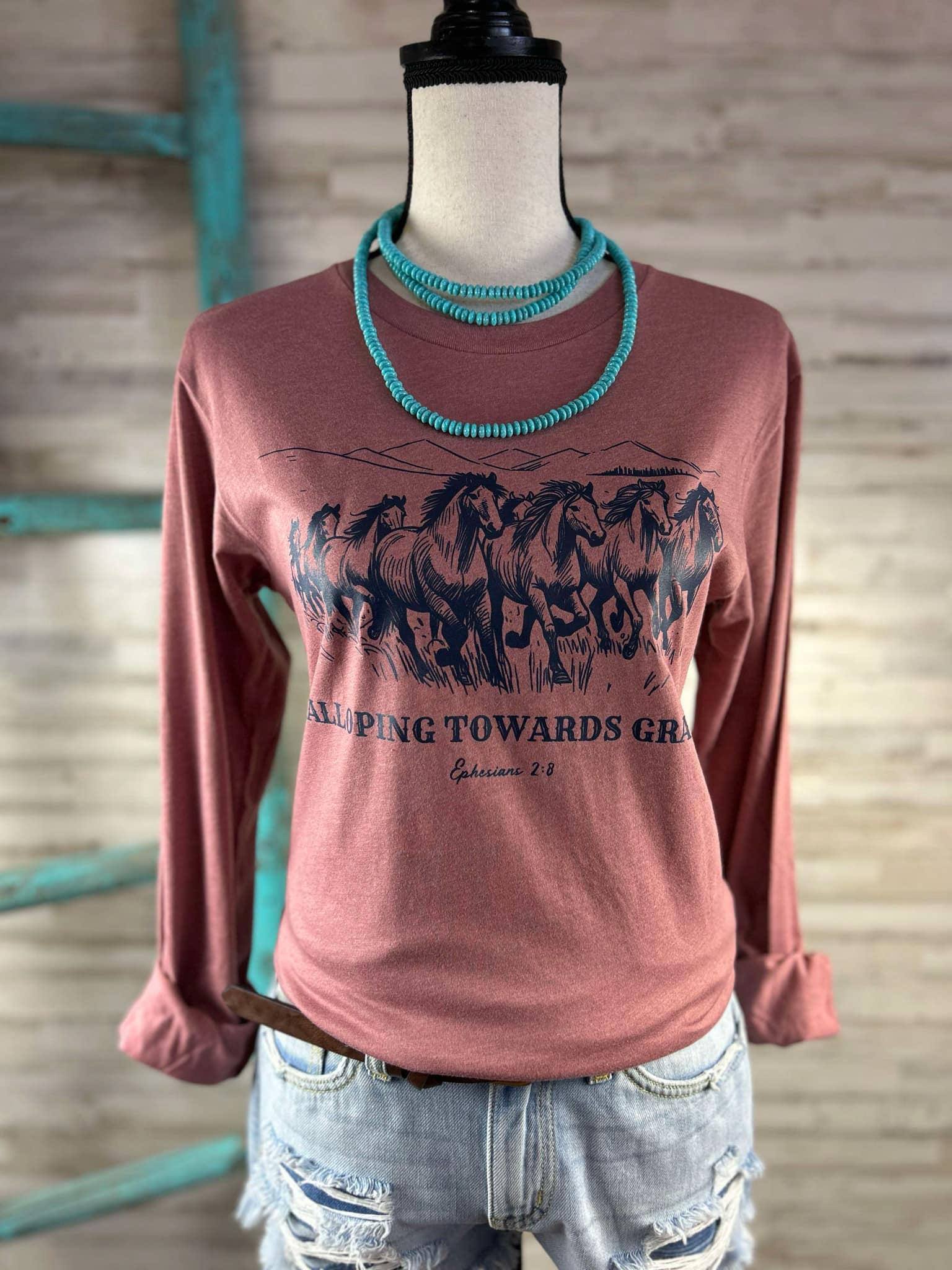 Heather Mauve Galloping Towards Grace Long Sleeve Graphic Tee tcc graphic tee The Cinchy Cowgirl