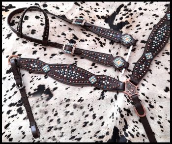 Gator Inlay One Ear Headstall and Breast Collar Set with Turquoise, and Copper Beading headstall set Shiloh