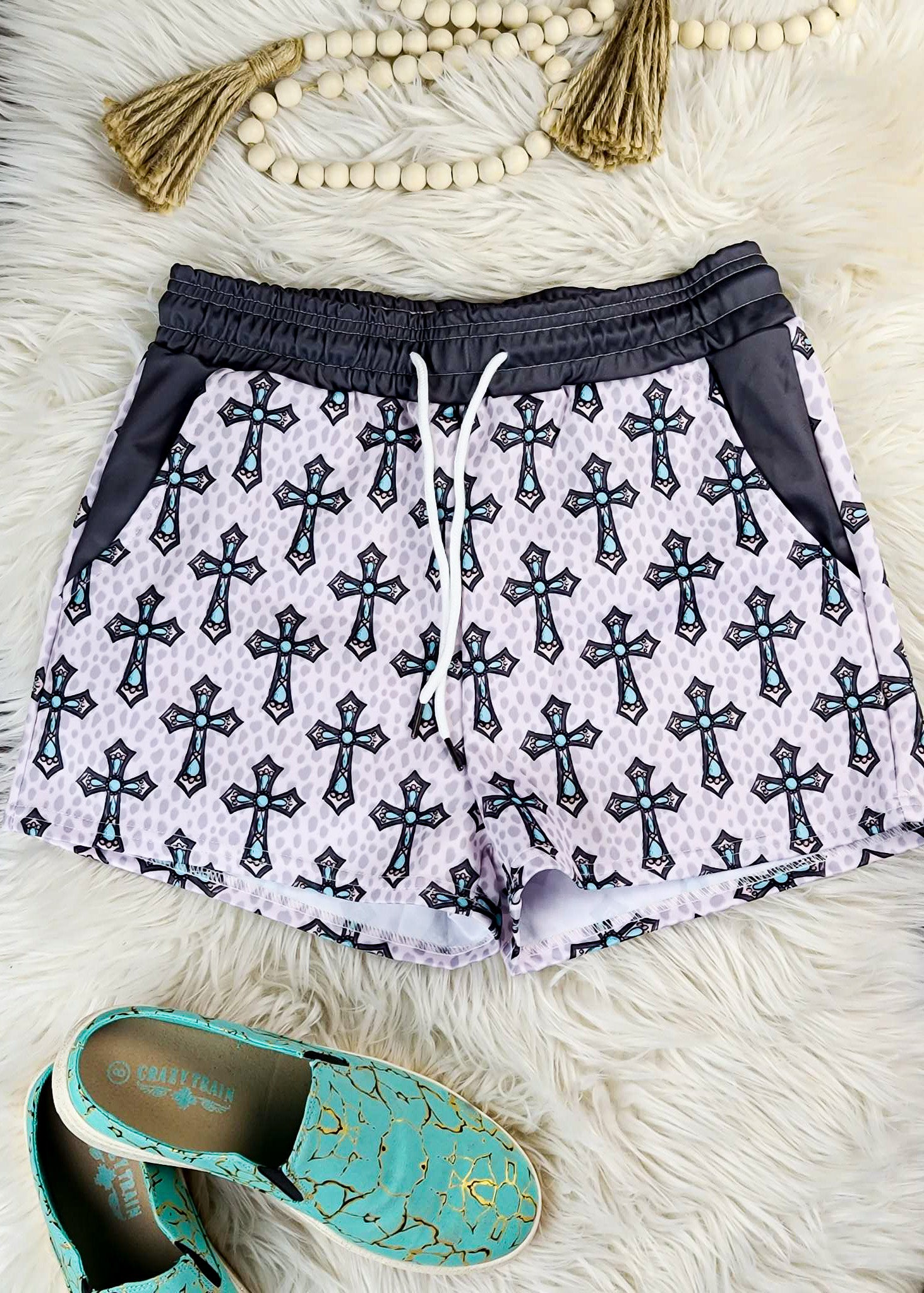 Gray & Turquoise Cross Drawstring Shorts drawstring shorts The Cinchy Cowgirl (YC) XS