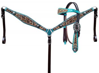 Hair On Cheetah With Metallic Teal Accent Browband Headstall and Breast Collar Set headstall set Shiloh