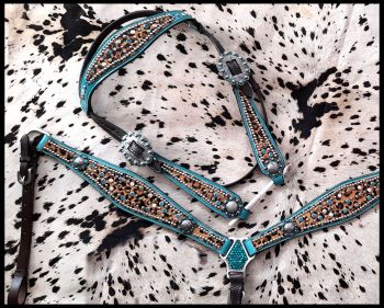 Hair On Cheetah With Metallic Teal Accent Browband Headstall and Breast Collar Set headstall set Shiloh