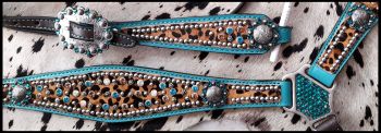 Hair On Cheetah With Metallic Teal Accent Browband Headstall and Breast Collar Set headstall set Shiloh