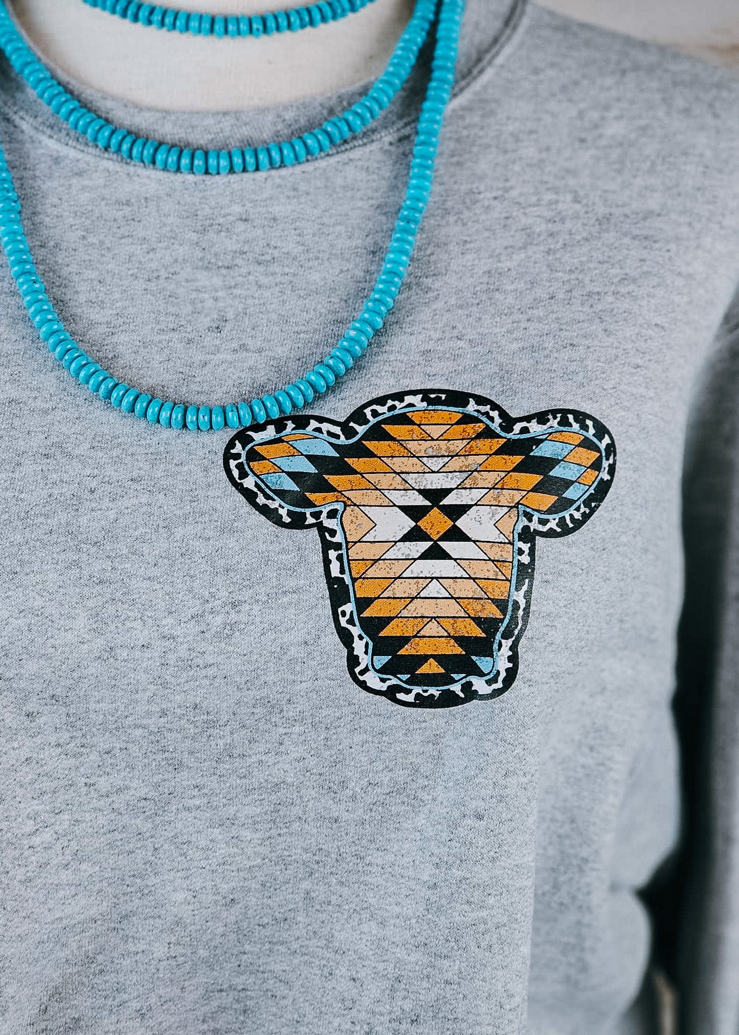 Heather Gray Aztec Cow Fleece Pullover Graphic Sweatshirt The Cinchy Cowgirl