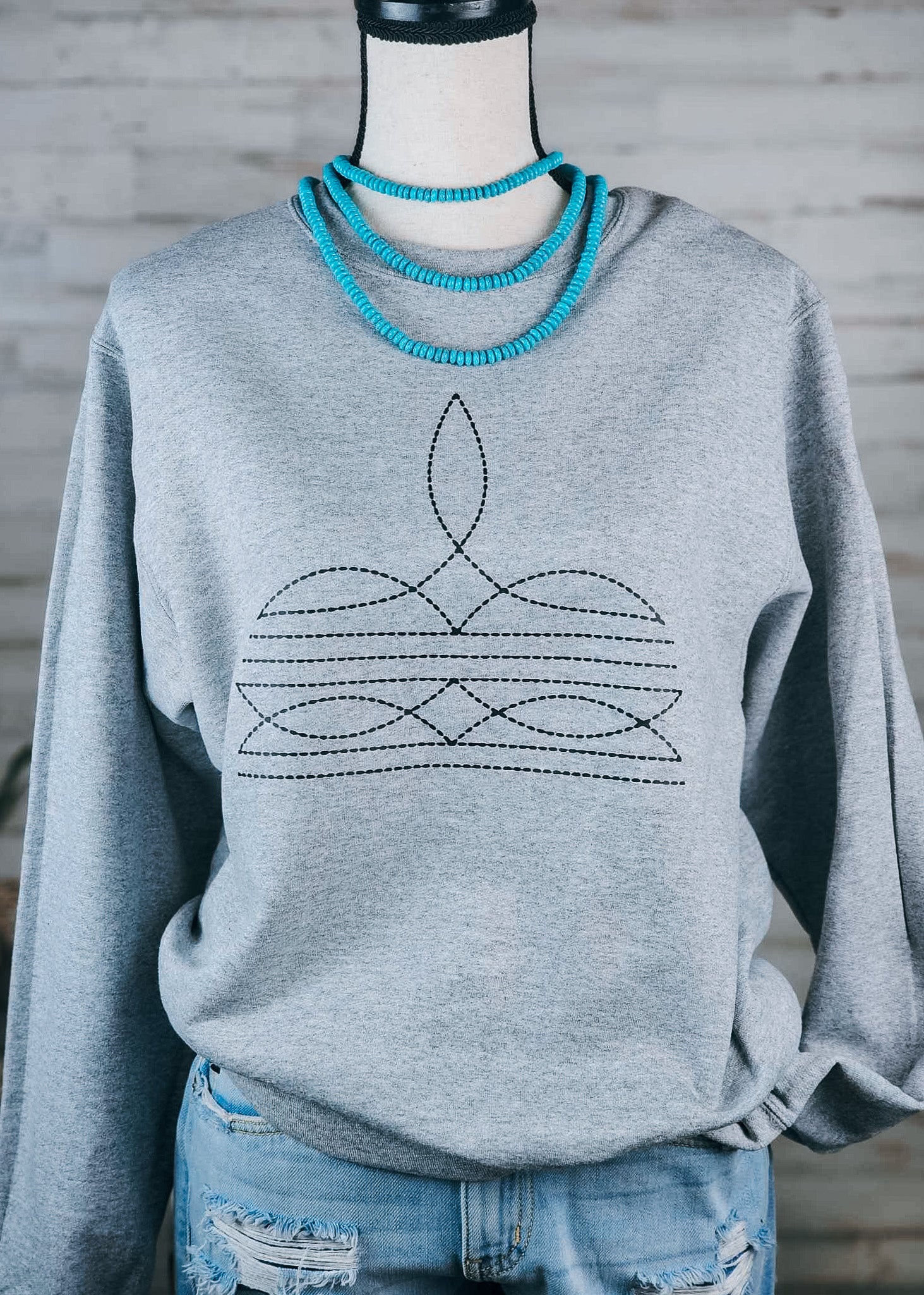 Heather Gray Boot Stitch Fleece Pullover Graphic Sweatshirt The Cinchy Cowgirl