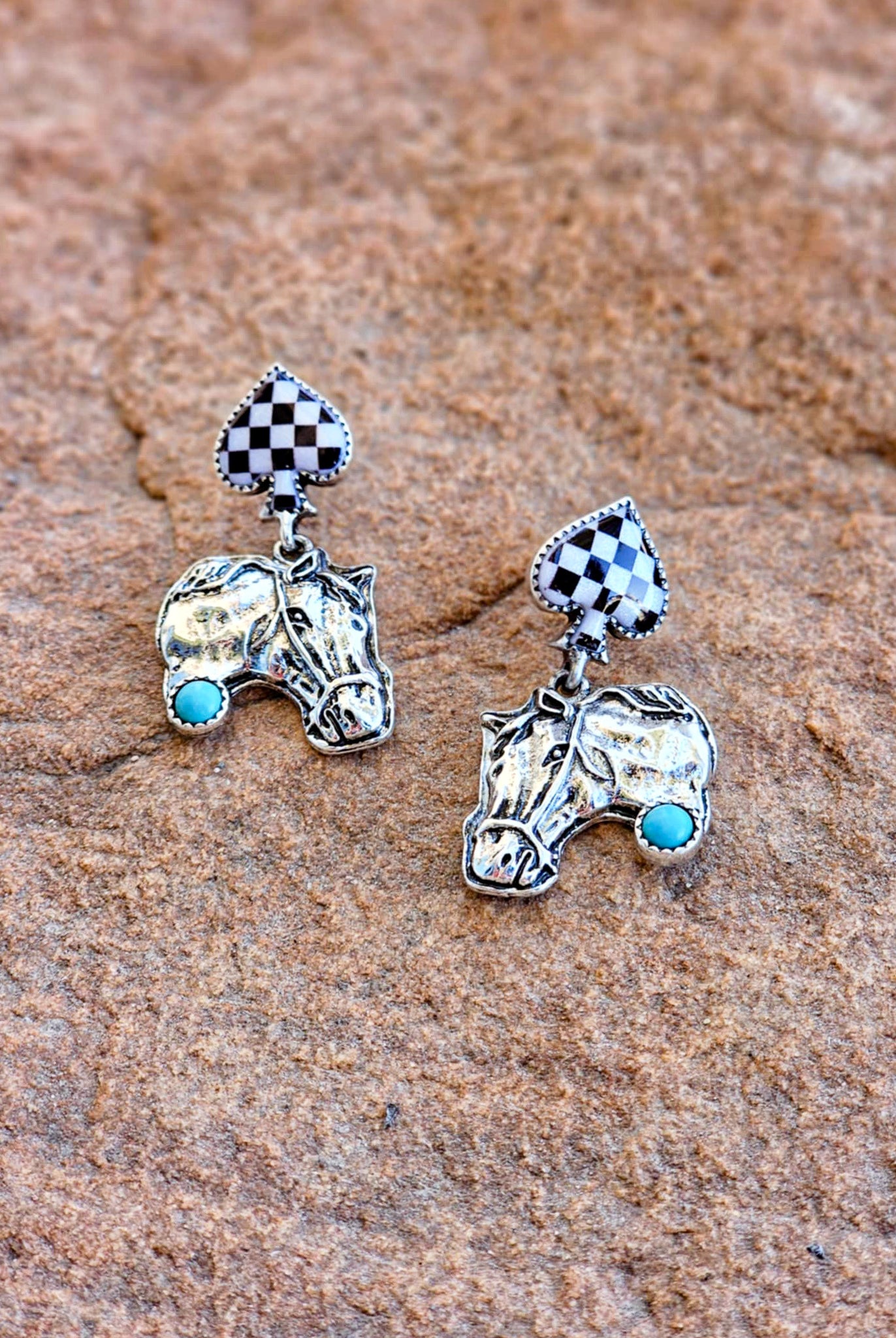 Horse Checkered Spade Earrings Earrings Blue Tortoise