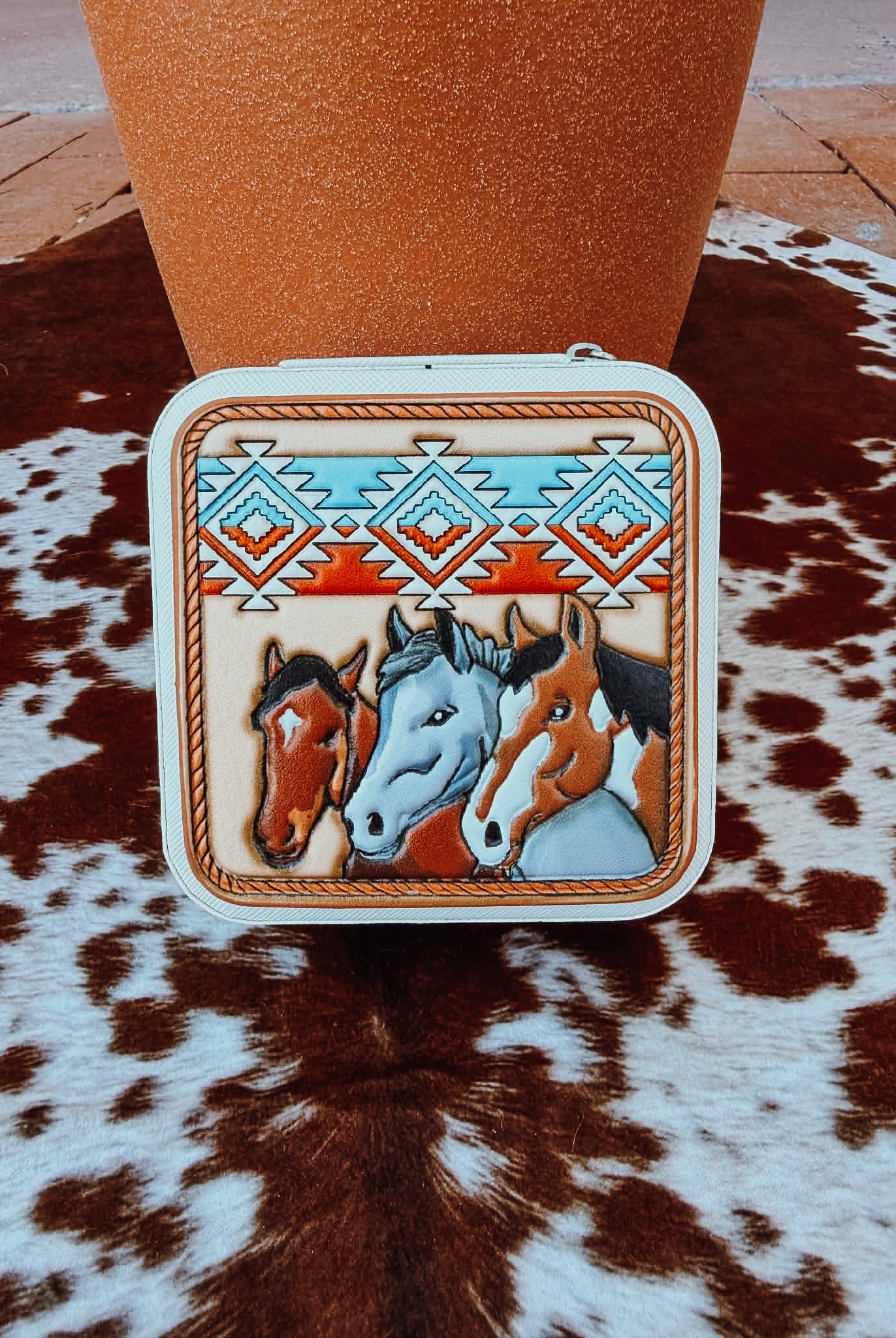 Western Tooled Leather Travel Jewelry Box – Horse Blue Tortoise