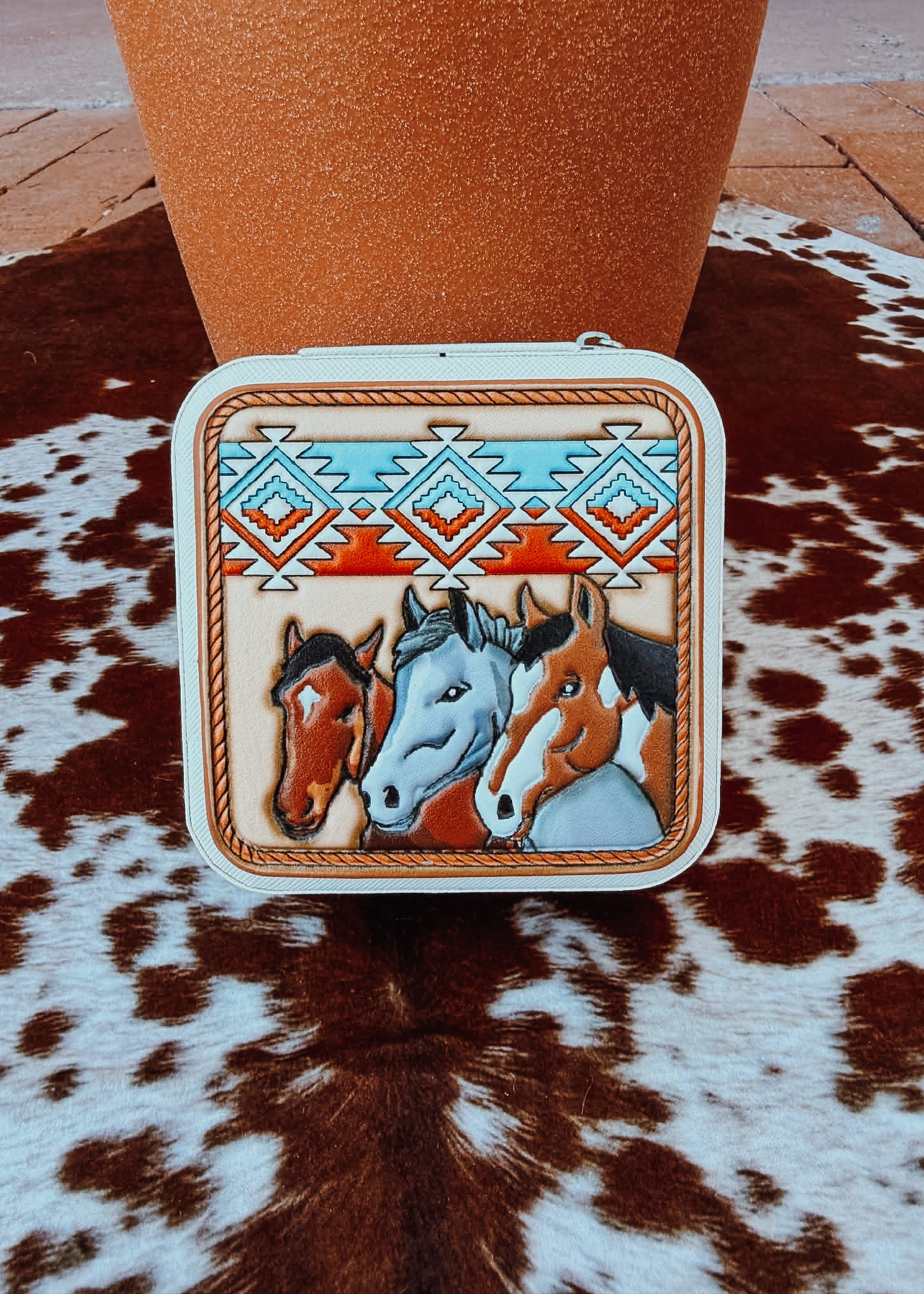Western Tooled Leather Travel Jewelry Box – Horse Blue Tortoise