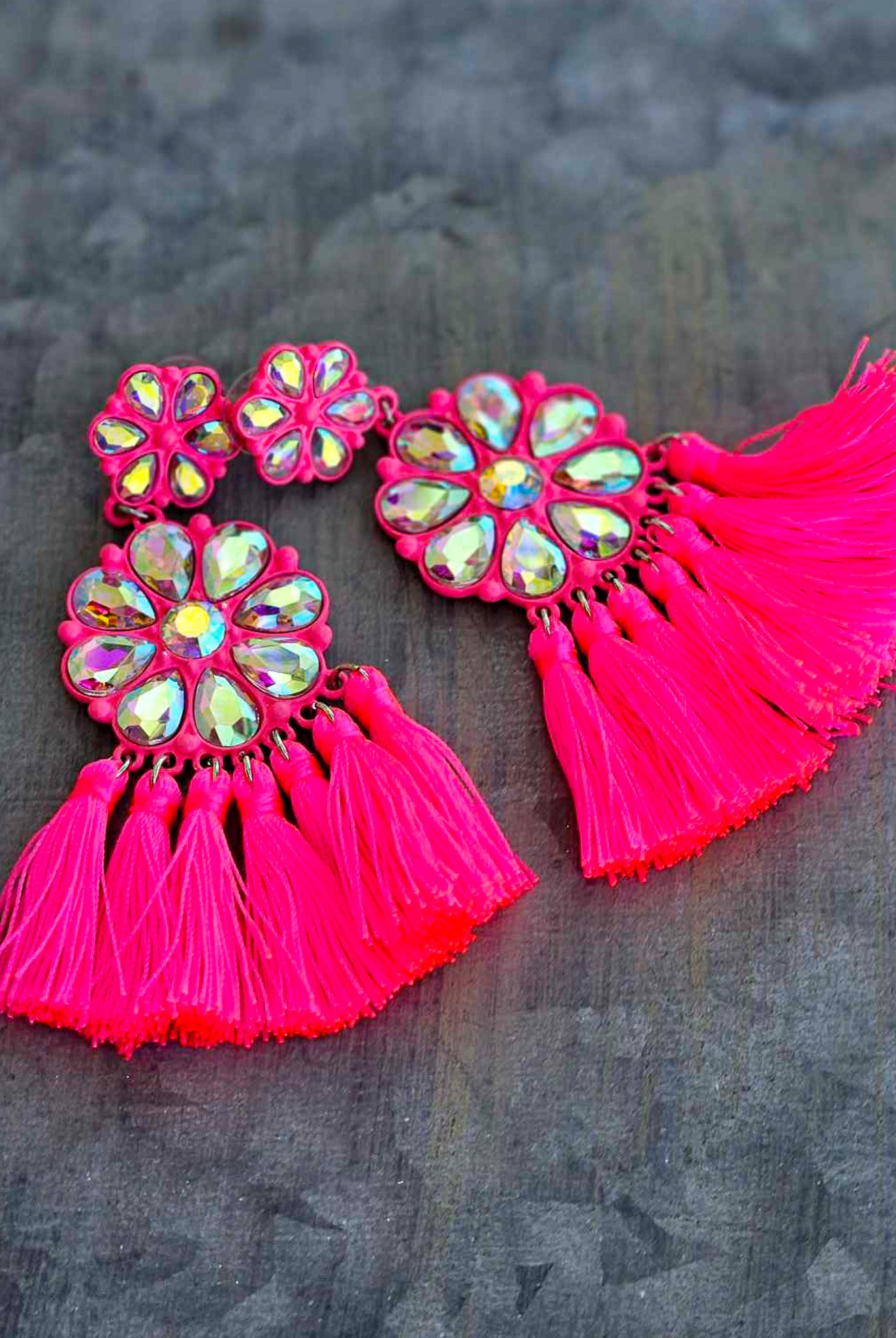 Pink Flower Concho Stone With Tassel Stud Earrings Earrings Blue Tortoise