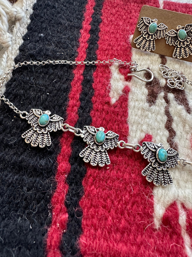 Handmade Sterling Silver & Turquoise Thunderbird Necklace Earrings Set Signed Nizhoni NT jewelry Nizhoni Traders LLC   