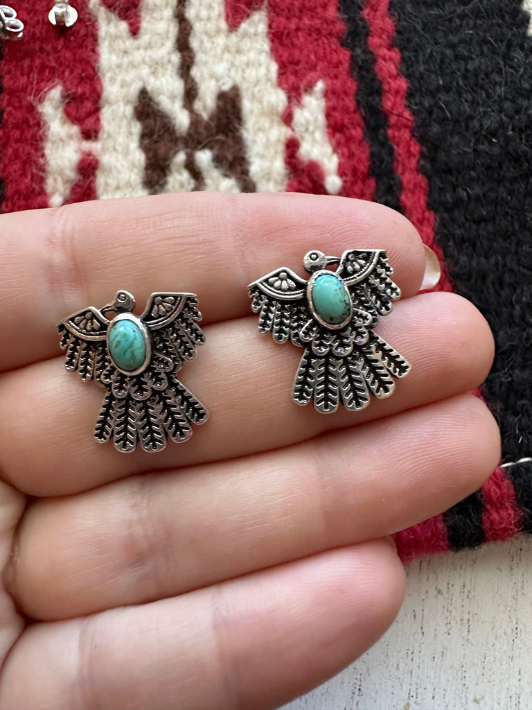 Handmade Sterling Silver & Turquoise Thunderbird Necklace Earrings Set Signed Nizhoni NT jewelry Nizhoni Traders LLC   