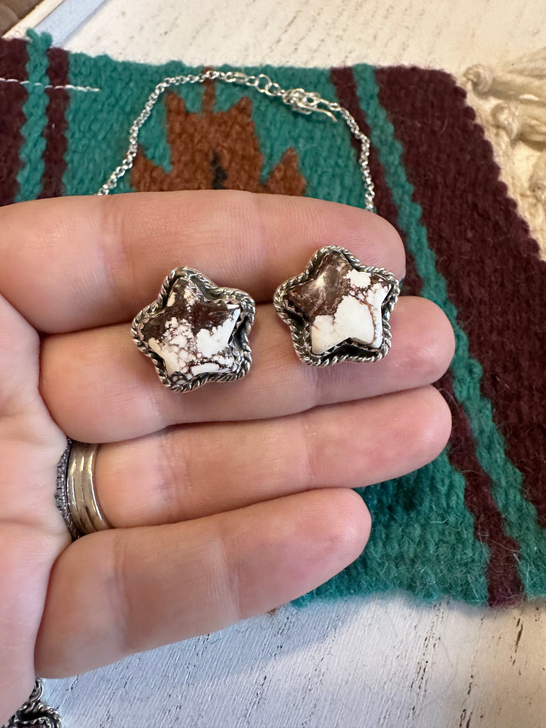 Handmade Sterling Silver & Wild Horse Necklace & Earrings Star Set Signed Nizhoni NT jewelry Nizhoni Traders LLC   