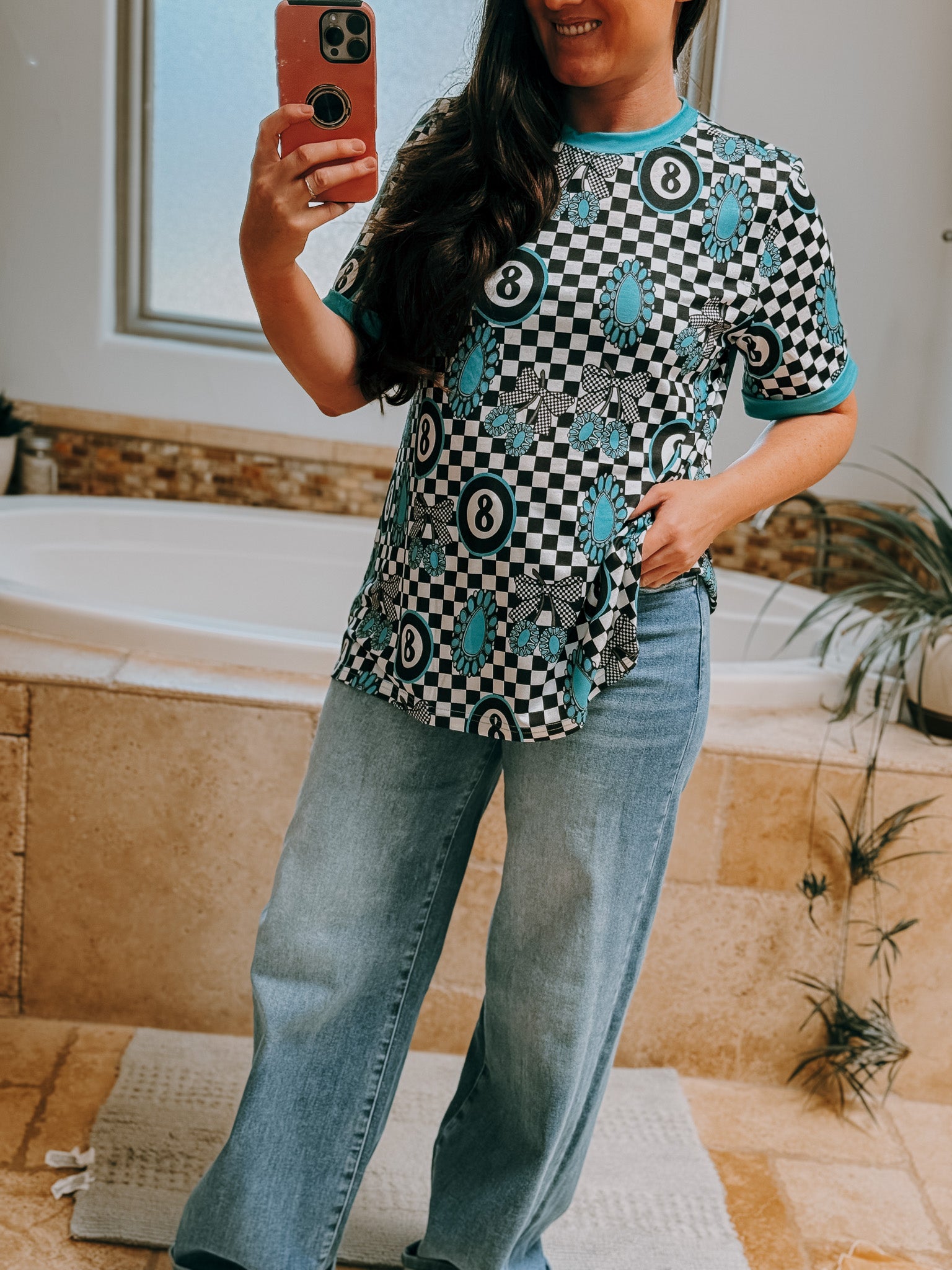 8Ball Checkered Short Sleeve Top blouse ladysworld