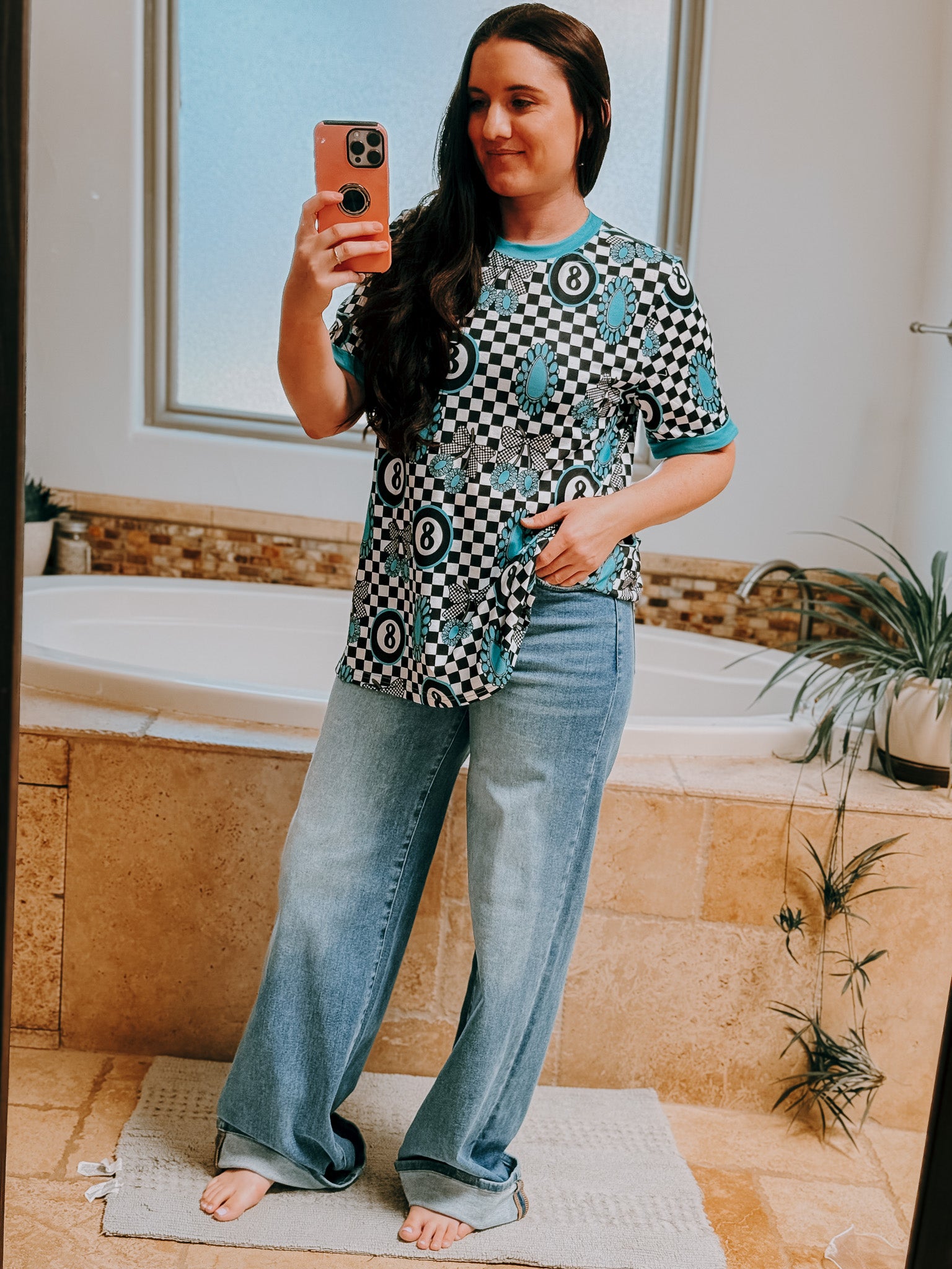 8Ball Checkered Short Sleeve Top blouse ladysworld