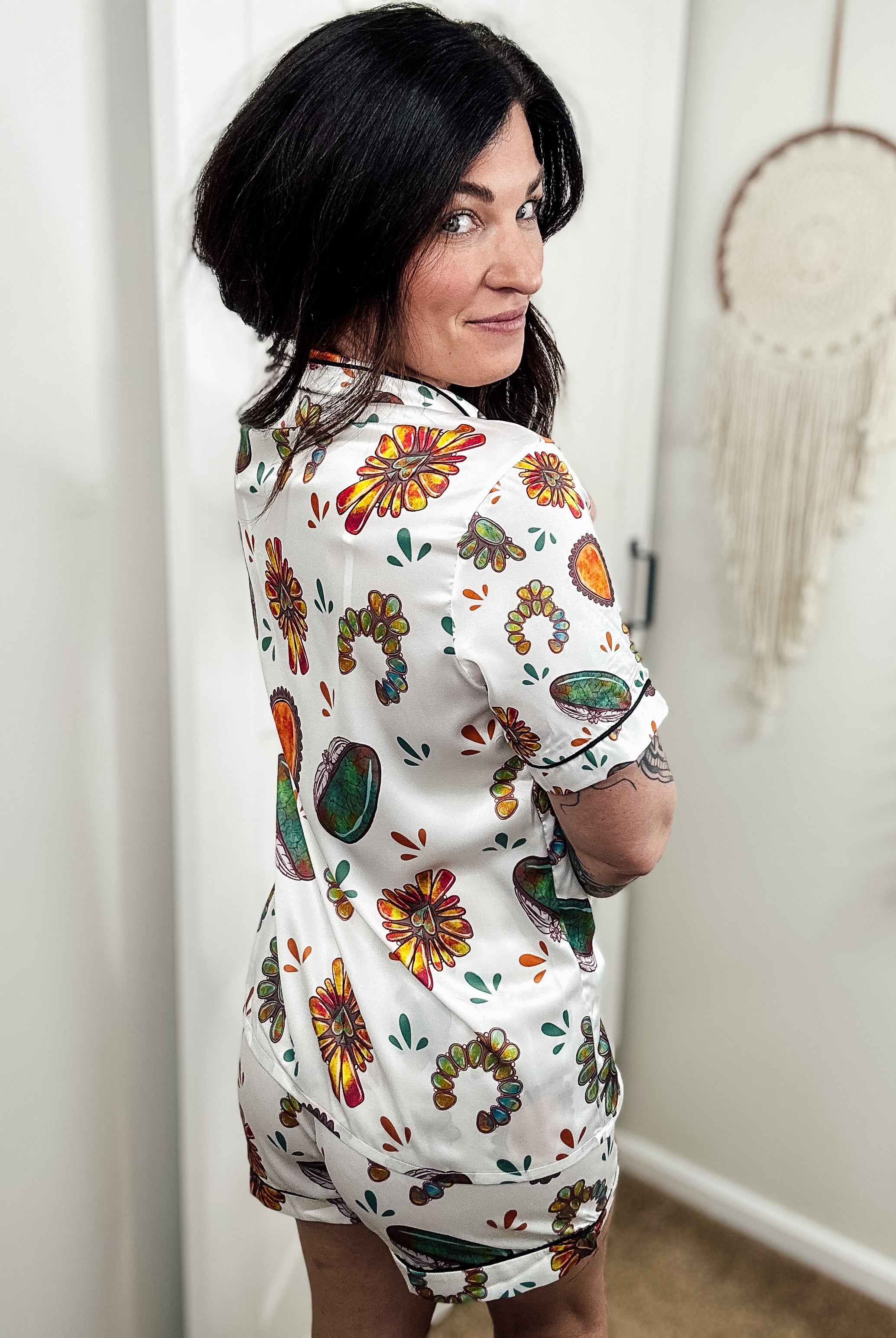 White Turquoise Stone Silky Shorts Pajamas silky pajamas - shorts The Cinchy Cowgirl (YC)