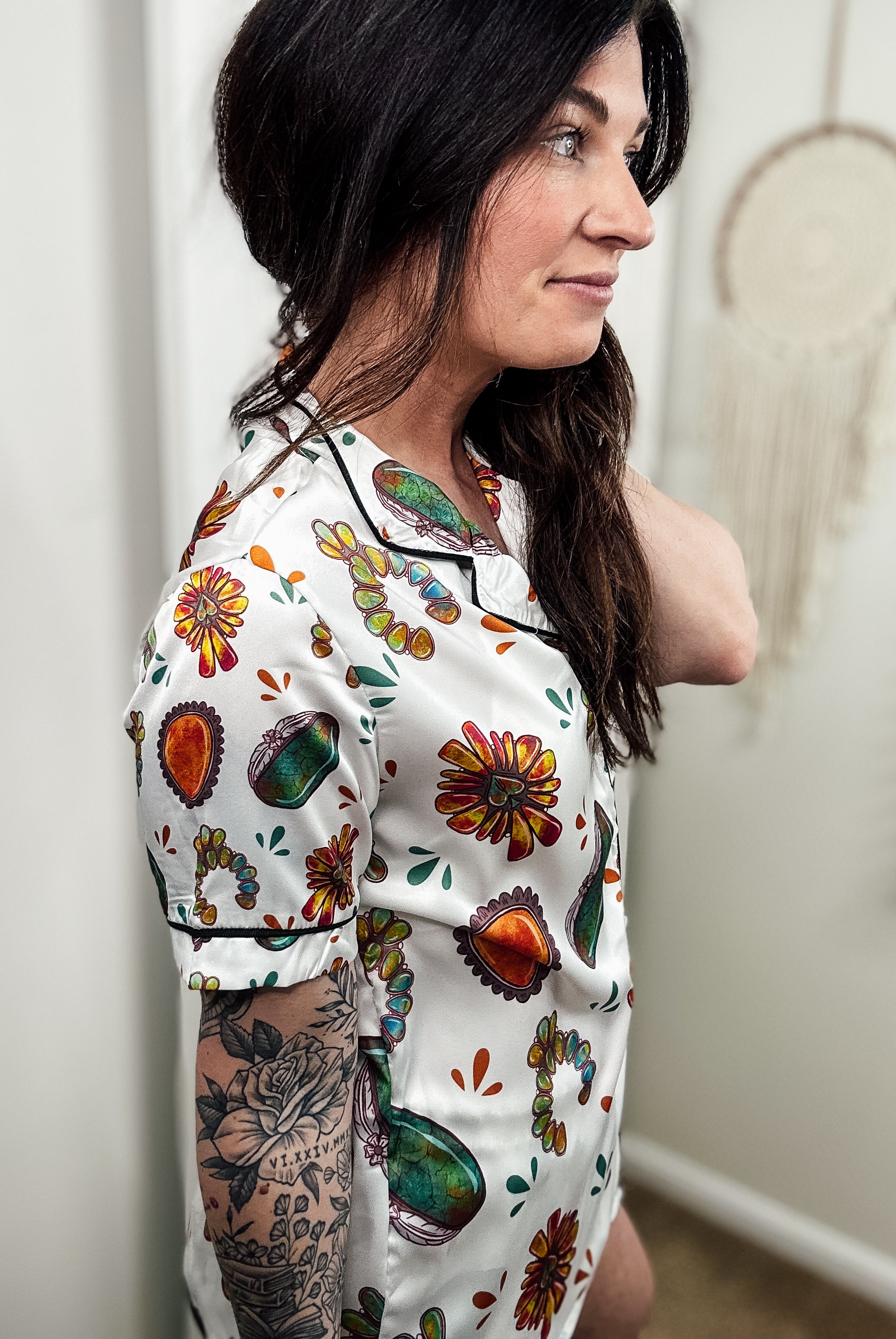 White Turquoise Stone Silky Shorts Pajamas silky pajamas - shorts The Cinchy Cowgirl (YC)