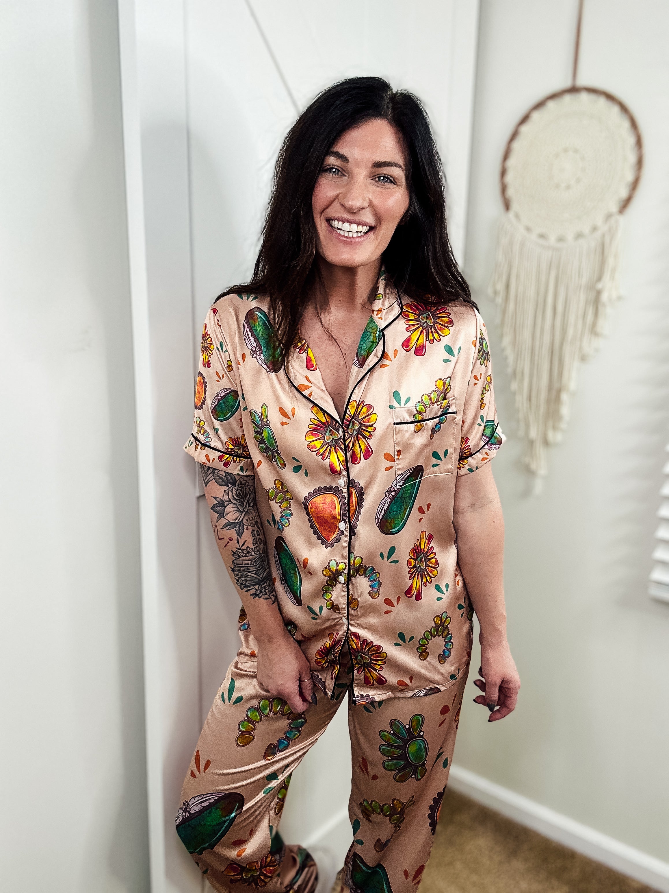 Tan Turquoise Stone Silky Pants Pajamas pajamas The Cinchy Cowgirl (YC)