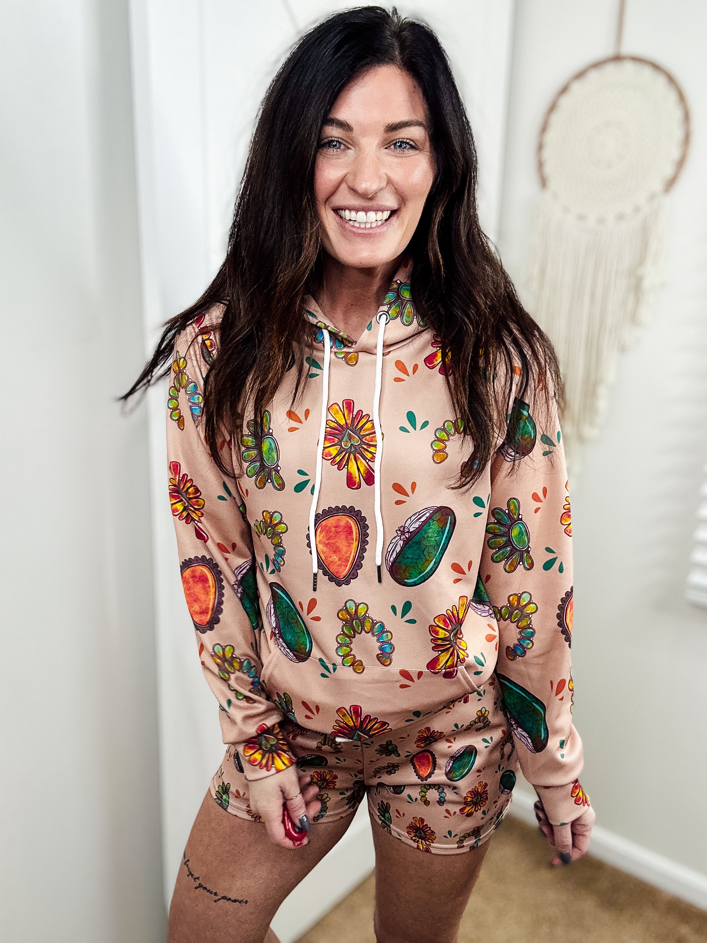 Tan Turquoise Stone Hoodie Women's Pullover Hoodie With Drawstring The Cinchy Cowgirl (YC)