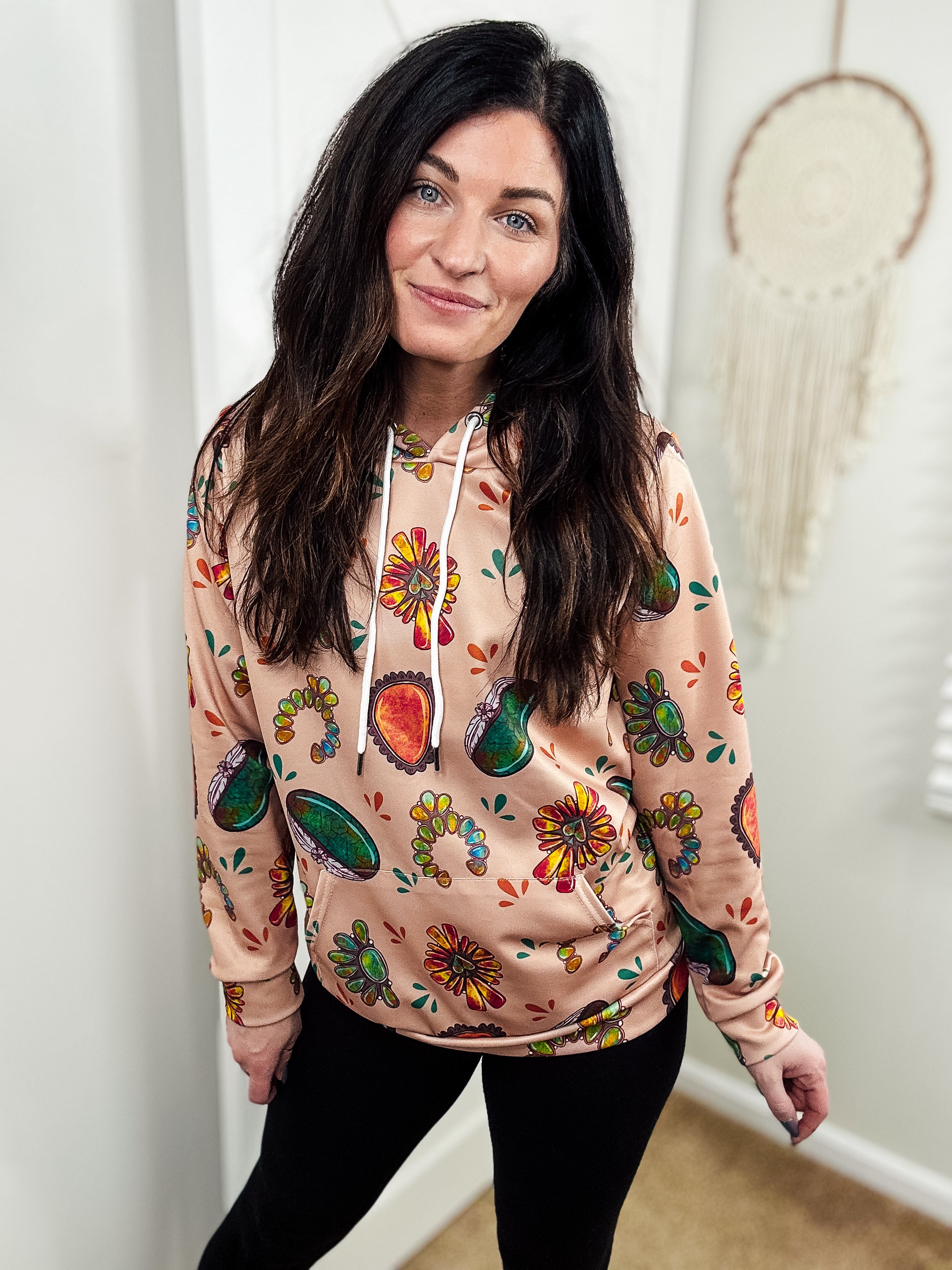 Tan Turquoise Stone Hoodie Women's Pullover Hoodie With Drawstring The Cinchy Cowgirl (YC)