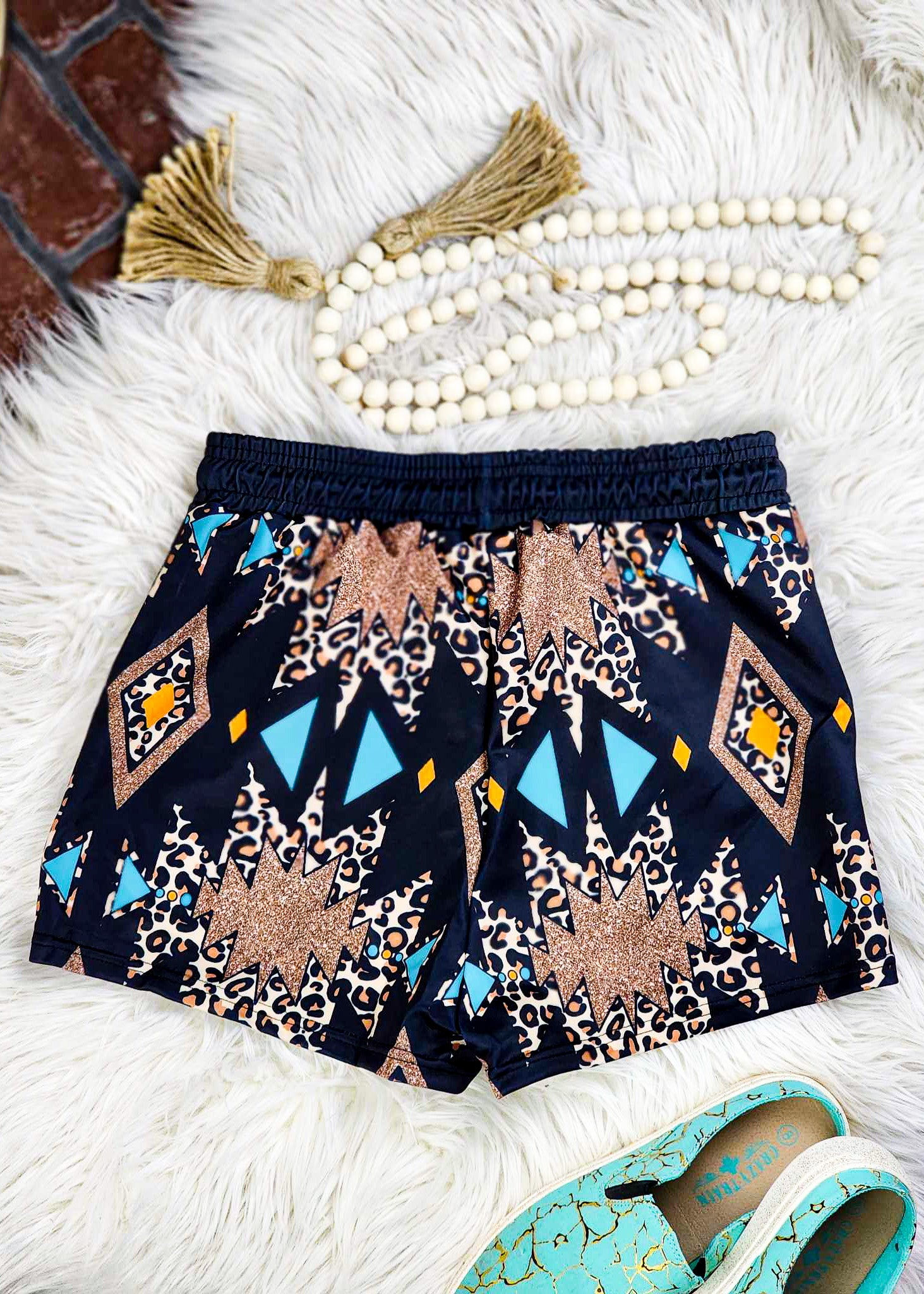 Leopard Aztec Drawstring Shorts drawstring shorts The Cinchy Cowgirl (YC)