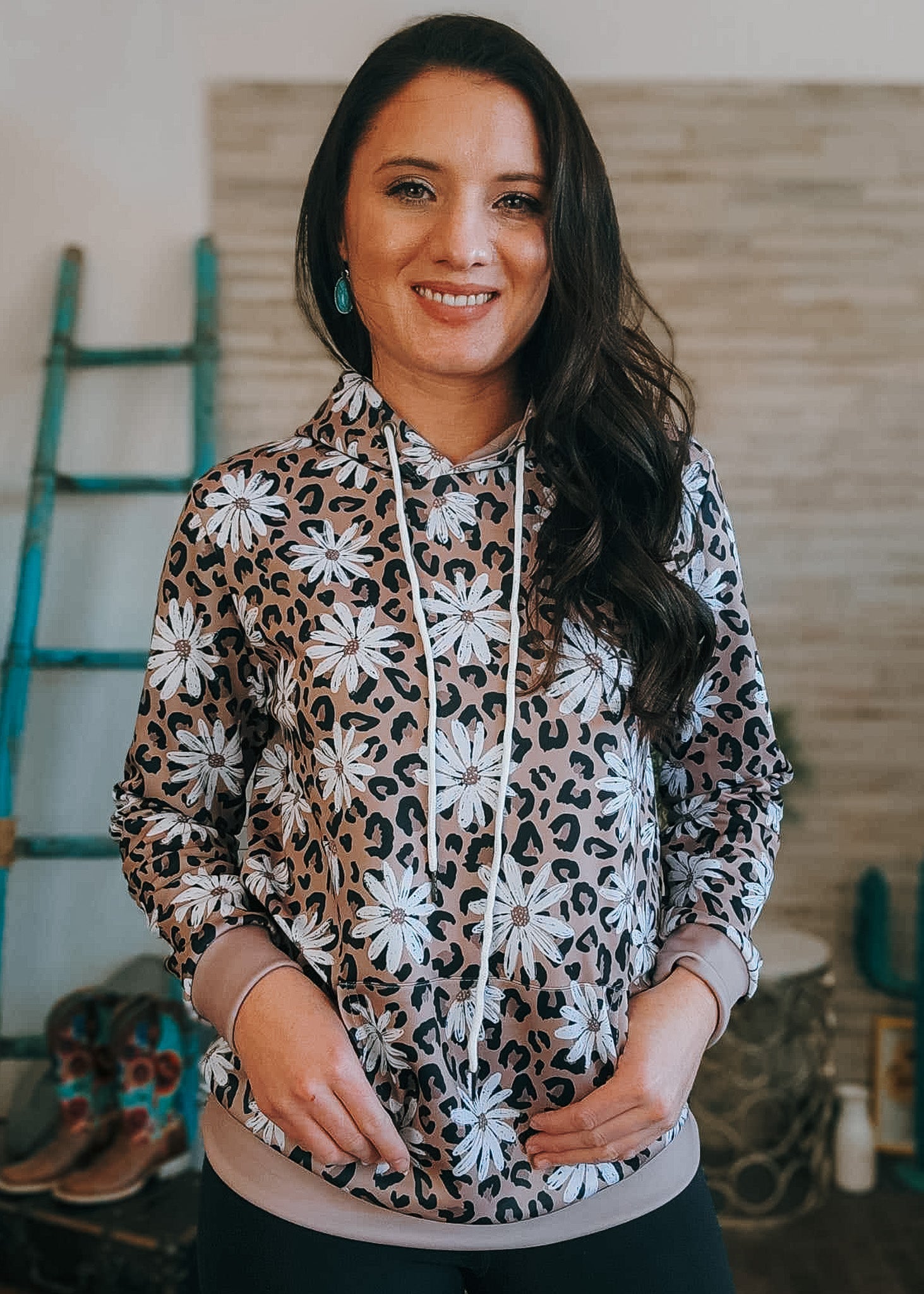 Leopard Daisy Hoodie Women's Pullover Hoodie With Drawstring The Cinchy Cowgirl (YC) S