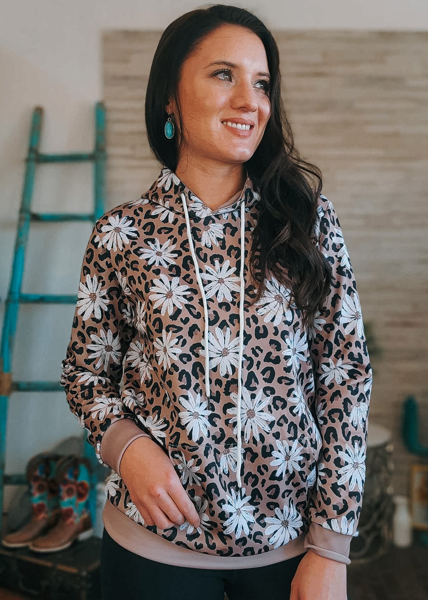 Leopard Daisy Hoodie Women's Pullover Hoodie With Drawstring The Cinchy Cowgirl (YC)