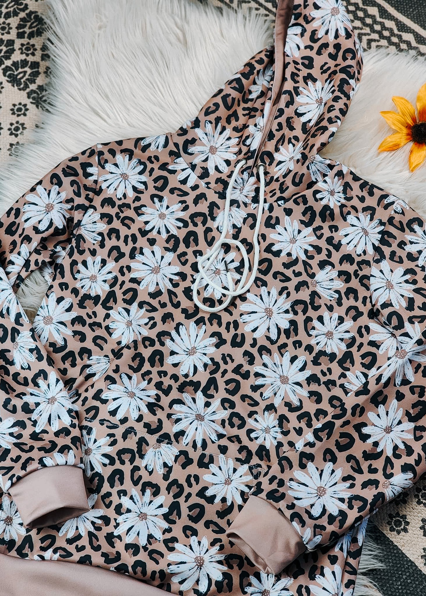 Leopard Daisy Hoodie Women's Pullover Hoodie With Drawstring The Cinchy Cowgirl (YC)